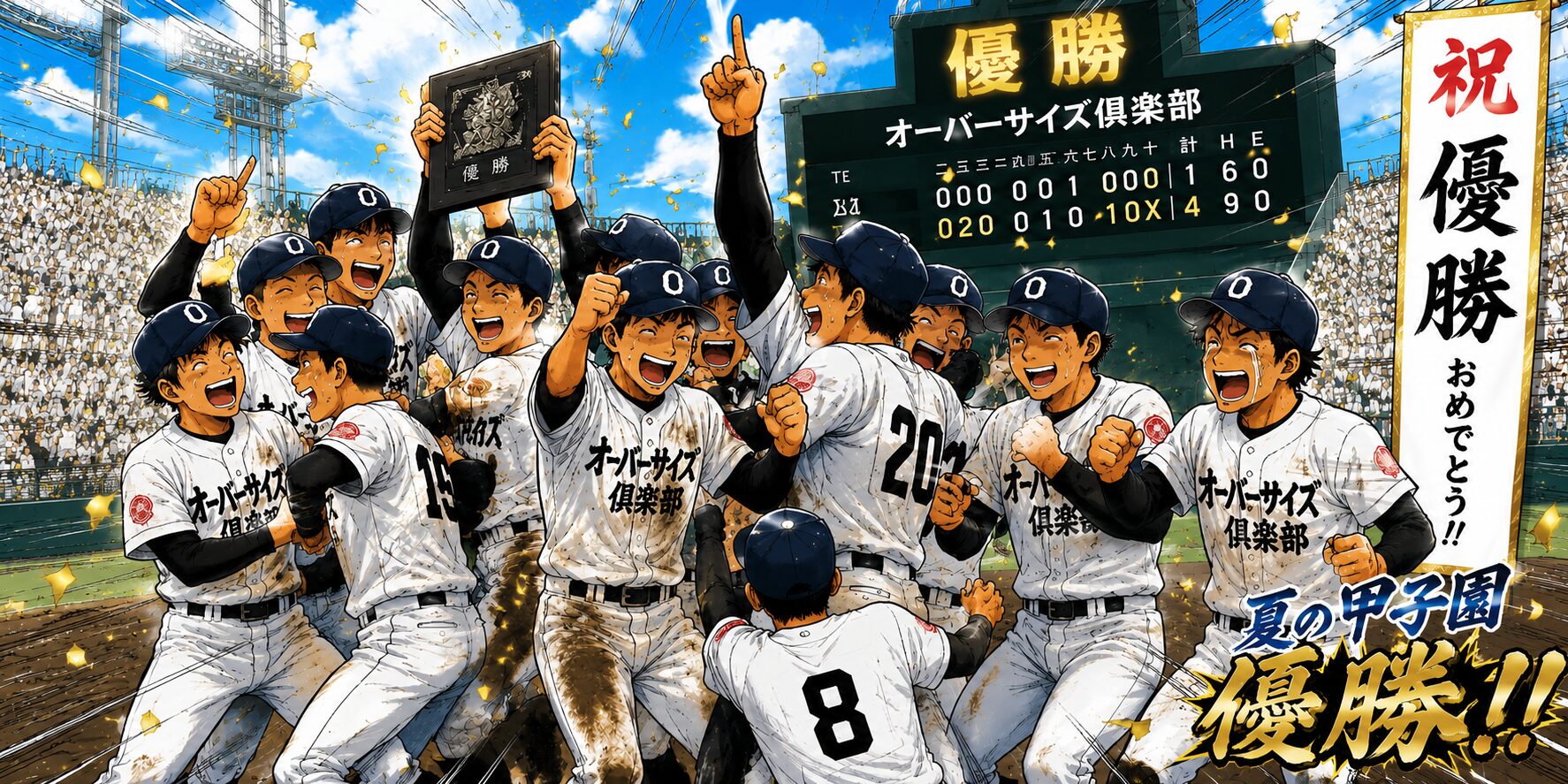 夏の甲子園決勝で優勝を果たした「オーバーサイズ俱楽部」の選手たちが、グラウンド上で歓喜の輪を作っているマンガ風イラスト。ユニフォームは土で汚れ、選手たちは涙や笑顔を浮かべながら拳を突き上げている。優勝の記念盾が掲げられ、スタンドの大観衆と紙吹雪が優勝の瞬間を盛り上げている。