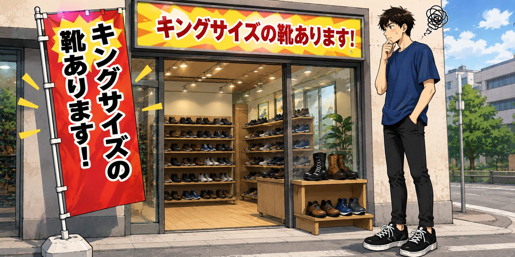「身長192cm・足のサイズ31cmの細身の20歳の青年が、『キングサイズの靴あります！』とのぼりが立つ靴屋の前で立ち止まり、自分のサイズが本当にあるのか分からず、入ろうか迷っている様子をコミカルな漫画風で描いたイラスト。」