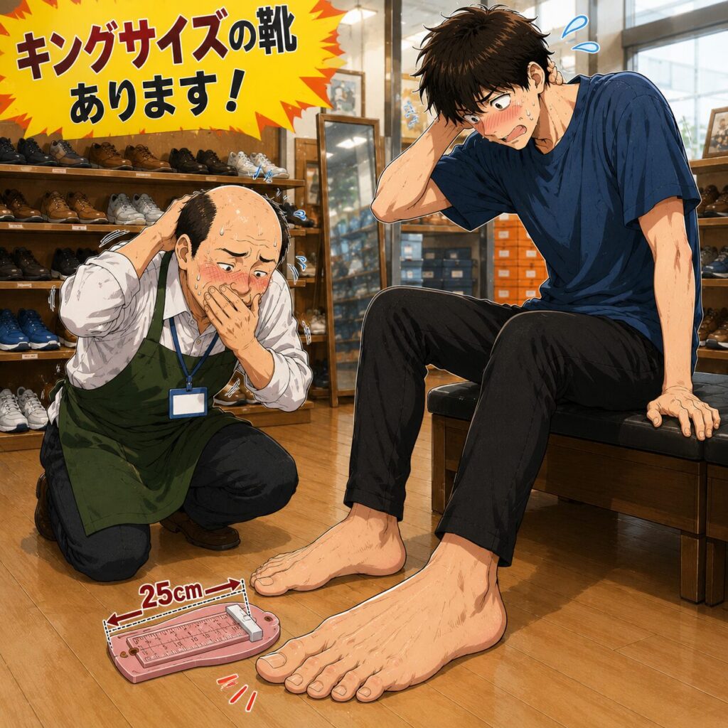 「靴屋で足のサイズを測ろうとした身長192cm・足のサイズ31cmの細身の若者。フットメジャーが小さく、かかとから足指の付け根付近までしか収まらず、足の指が完全にはみ出している。若者も店員のおじさんも恥ずかしそうな表情を浮かべるコミカルな漫画風イラスト。」