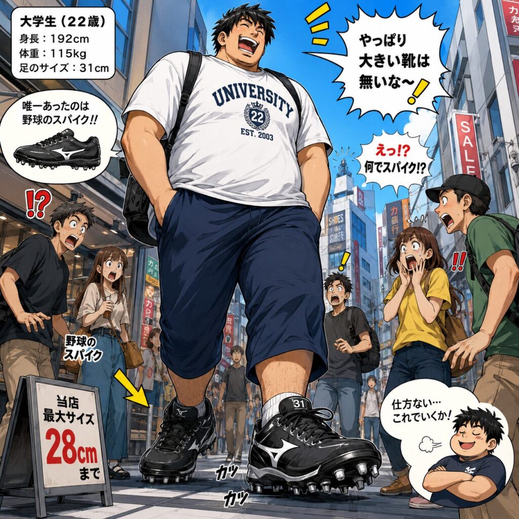 身長192cm・体重115kg・足のサイズ31cmの22歳大学生が、大きい靴が見つからず唯一履けた野球のスパイクを履いて街中を歩いている。半袖Tシャツと七分丈パンツ姿のためスパイクだけが目立ち、周囲の人たちが「なんでスパイク？」と驚いて見つめるコミカルなギャグマンガ風イラスト。