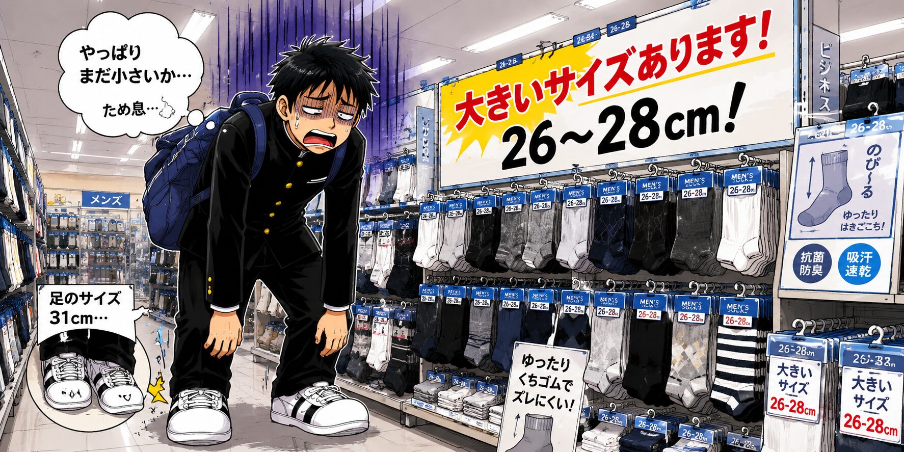 身長192cm・足のサイズ31cmの高校生が、大きいサイズの靴下を探して売り場へ行くと、「大きいサイズあります！26～28cm！」という看板を見つける。しかし自分には小さいサイズだと分かり、肩を落としてがっかりする様子を描いたギャグマンガ風イラスト。棚には26～28cmの靴下が並び、「大きい」の基準の違いに落胆している。