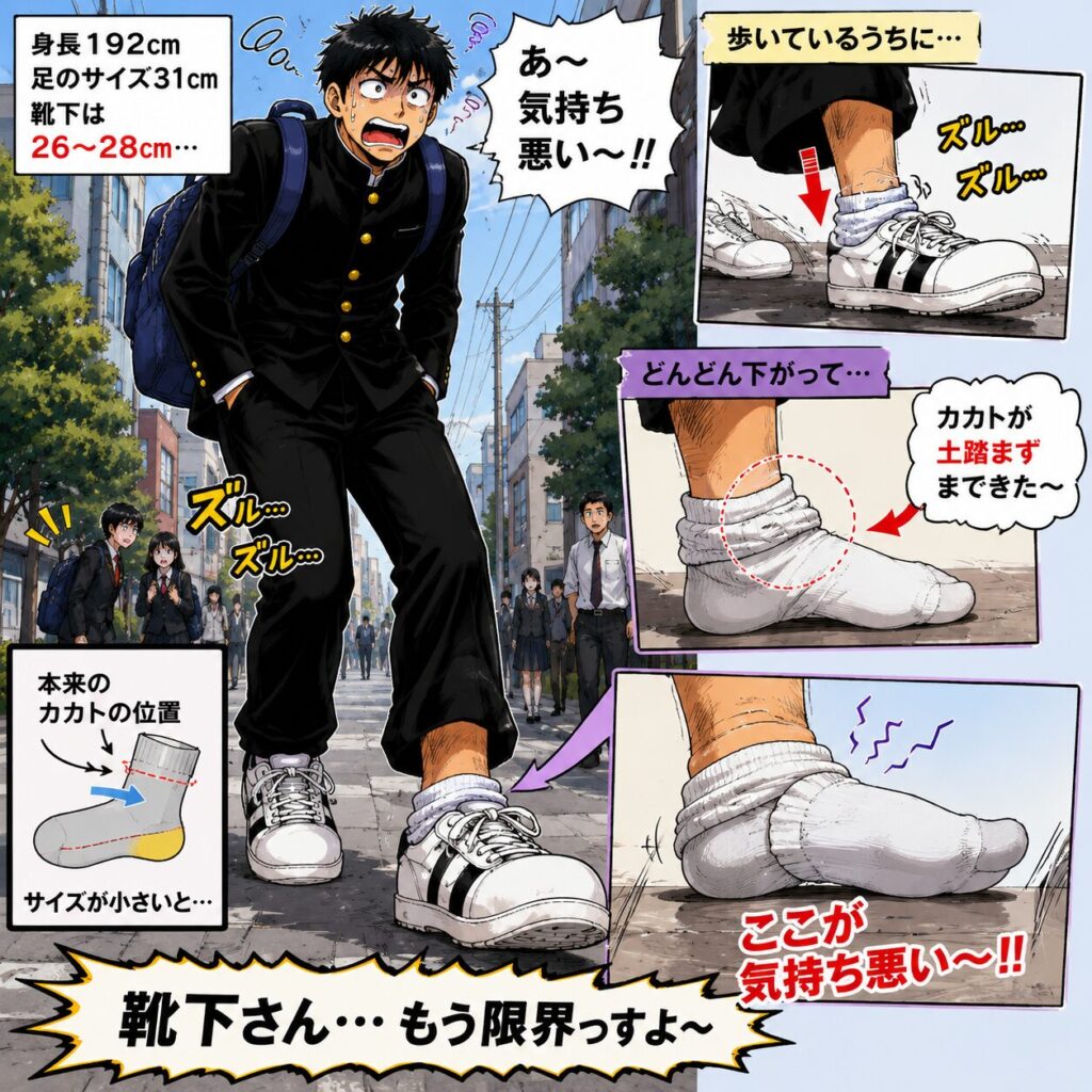 身長192cm・足のサイズ31cmの高校生が、小さいサイズ（26～28cm）の靴下を履いて通学している。歩いているうちに靴下が少しずつずり下がり、本来かかとにあるはずの部分が土踏まずまで移動してしまう。足元の違和感に「気持ち悪い…」と困った表情を浮かべる様子を、コミカルなギャグマンガ風で描いたイラスト。