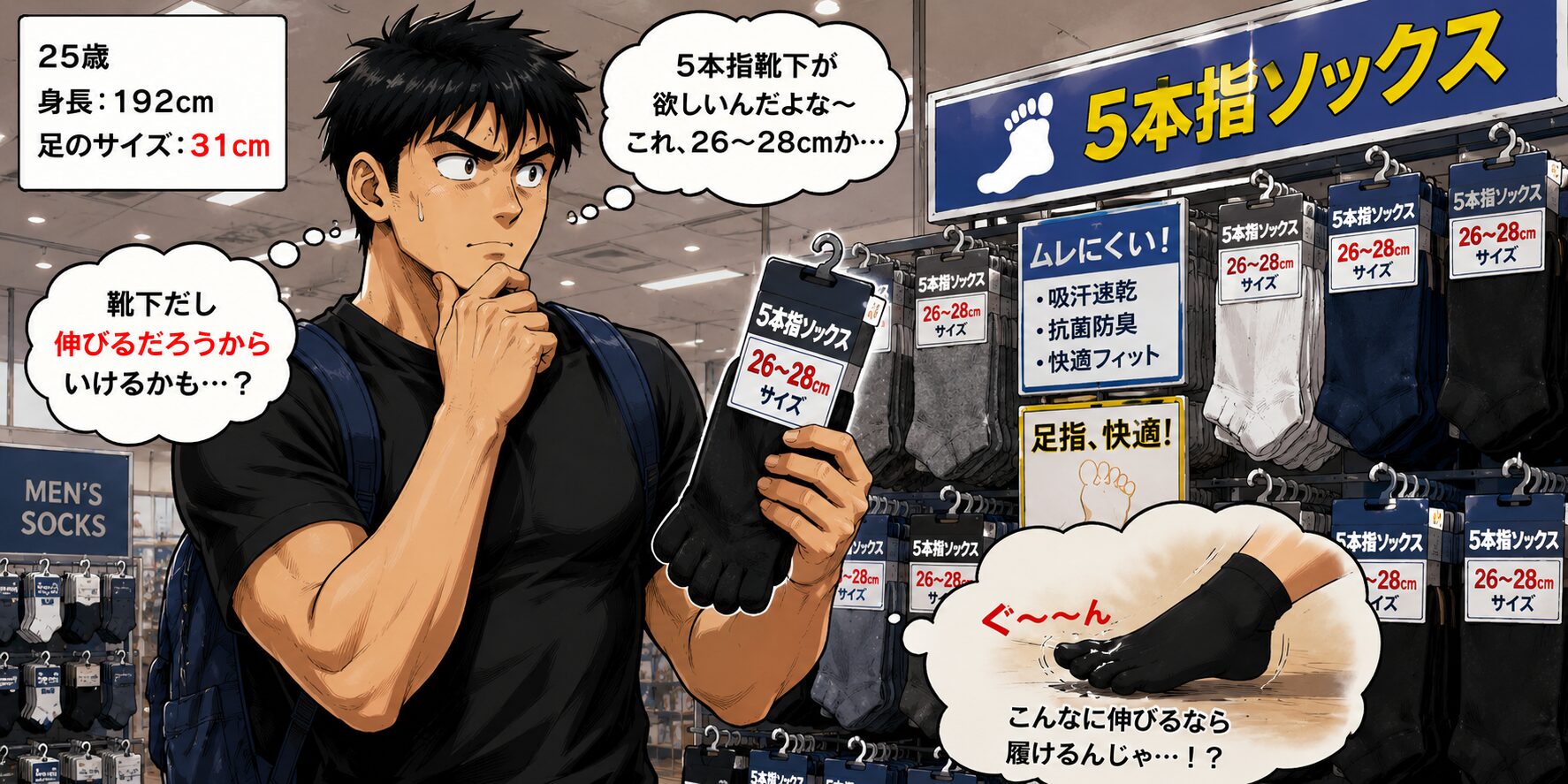 身長192cm・足のサイズ31cmの25歳男性が、靴下売り場で26～28cm用の5本指靴下を手に取り、購入しようか悩んでいる。『靴下だから伸びるだろう』と期待しながら商品を見つめる一方で、サイズが合うか不安そうな表情を浮かべるギャグマンガ風イラスト。棚には26～28cm用の5本指靴下が並び、唯一の希望を見つけた様子が描かれている。