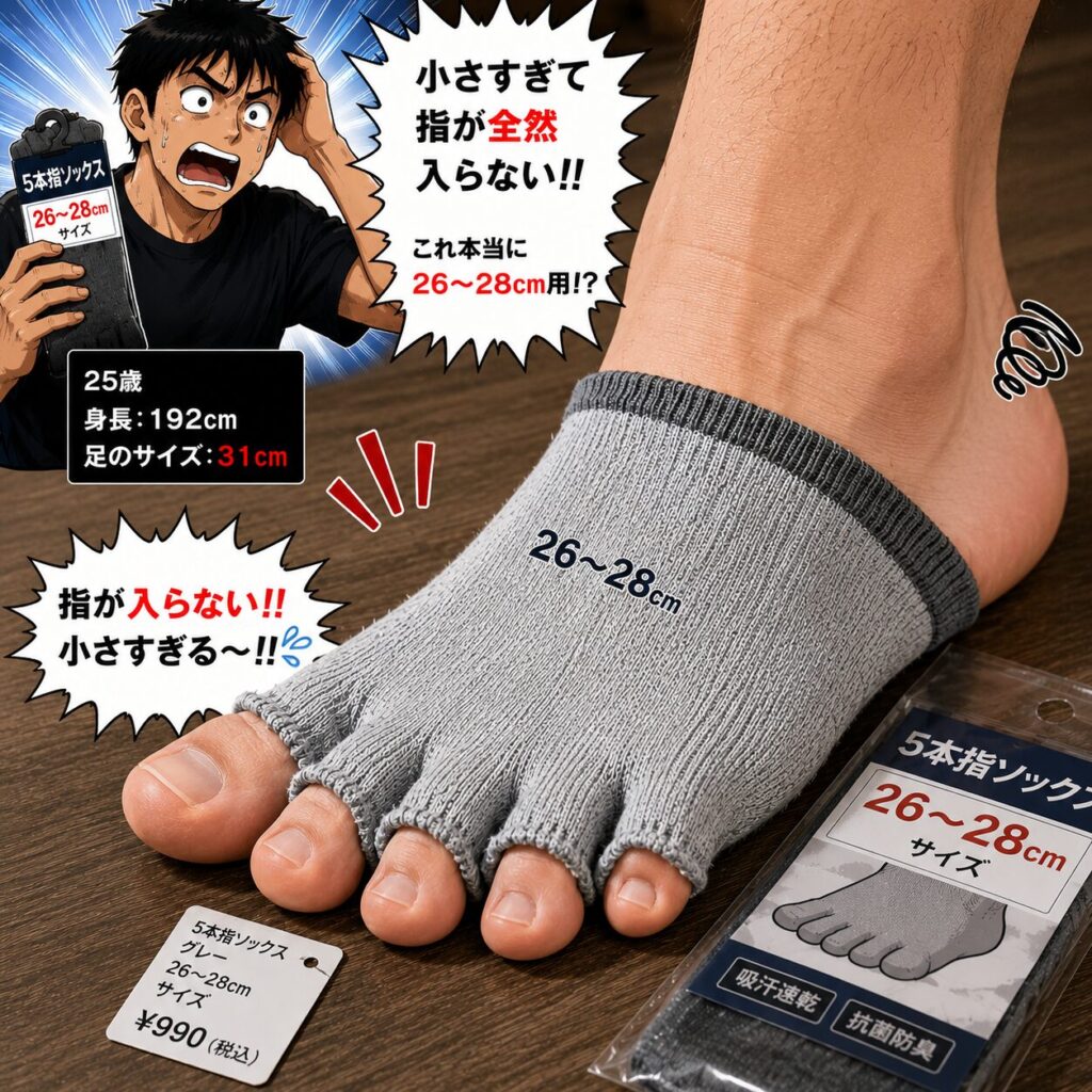 身長192cm・足のサイズ31cmの25歳男性が、26~28cm用の5本指靴下を履いてみたものの、小さすぎて足の指が指先まで入らず飛び出してしまう。5本指靴下のパッケージを手に持ち、「靴下だから伸びると思ったのに…」と驚く様子をコミカルなギャグマンガ風で描いたイラスト。