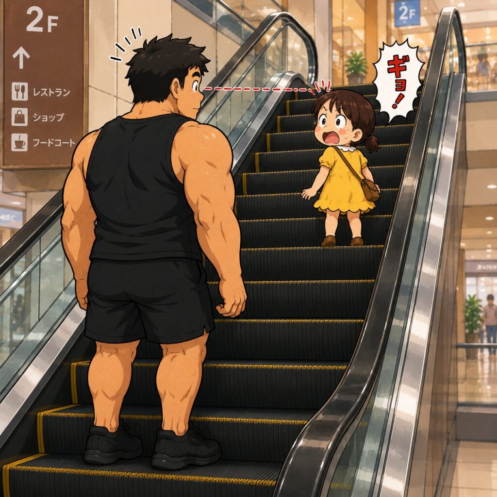 ショッピングモールのエスカレーターで、小柄な女性が後ろを振り返ると、2段下に乗っていた身長192cmの大柄な男性と目線が同じ高さになり驚く、高身長あるあるを描いたイラスト。