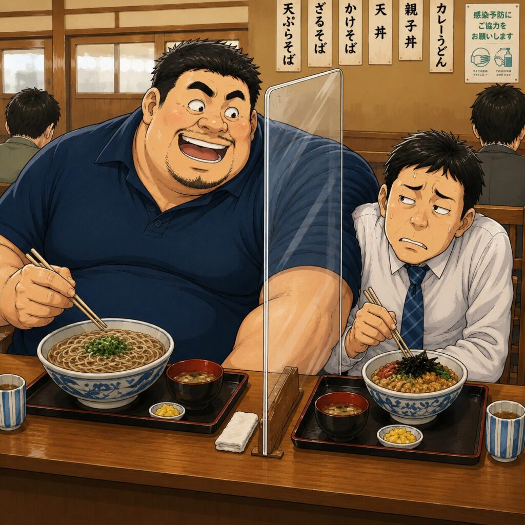 コロナ禍の飲食店で、席と席の間に透明なアクリル板が設置されたカウンター席。身長192cm・胸囲123cmの体格が大きい男性が、自分の席から大きくはみ出して隣のスペースまで占領してしまい、隣の男性が窮屈そうに食事をしているコミカルなイラスト。アクリル板によって、自分が普段から隣の席にはみ出していたことに初めて気づく「大きい人あるある」を表現している。