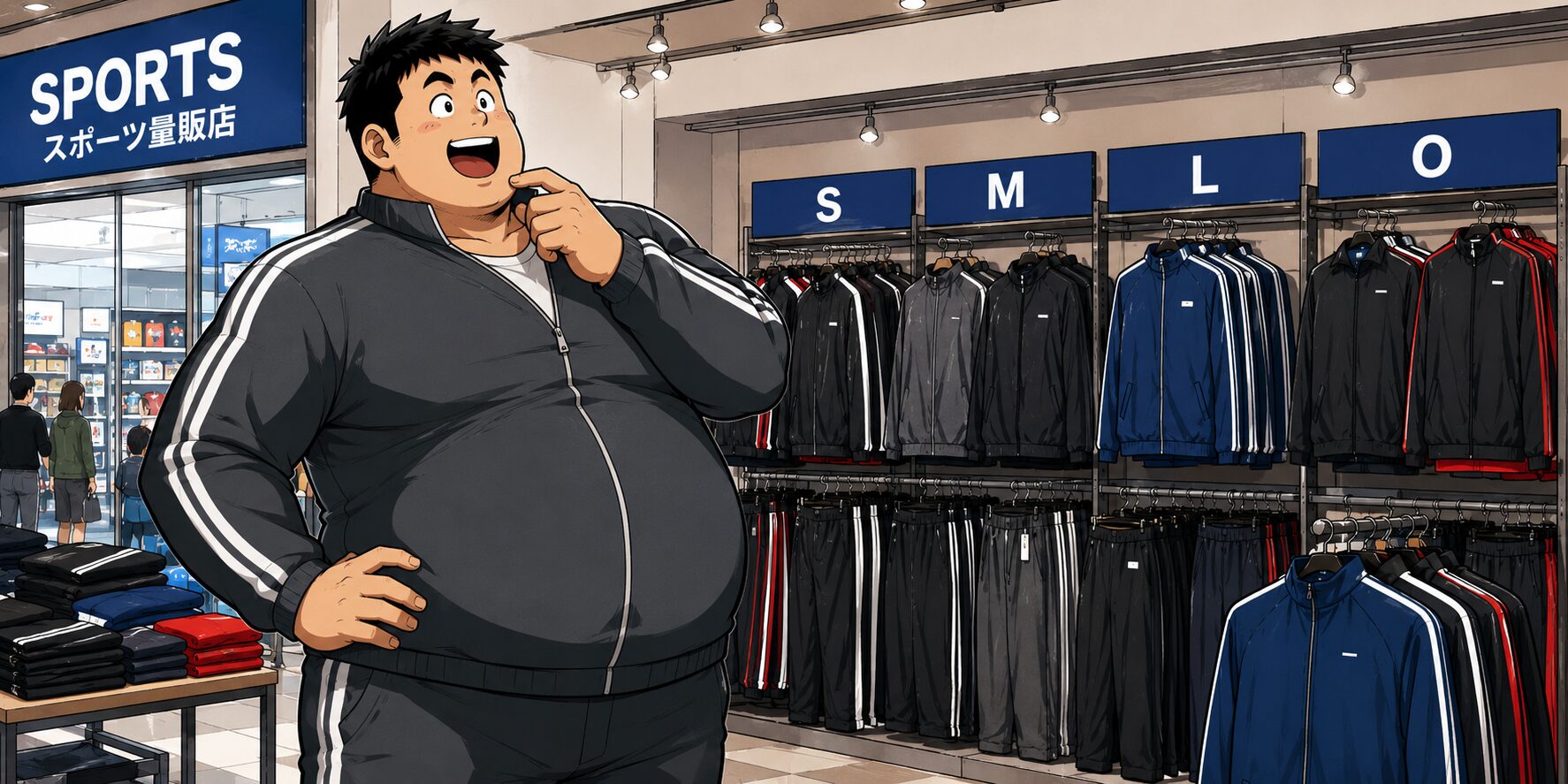 スポーツ量販店でジャージを探す身長192cm・体重115kgの大柄な25歳男性。店内のサイズ表示は「S・M・L・O」と並び、大きな体格の男性が「自分に合うサイズはあるかな？」という表情でジャージ売り場を見渡している。ギャグマンガ風の明るくコミカルなイラスト。