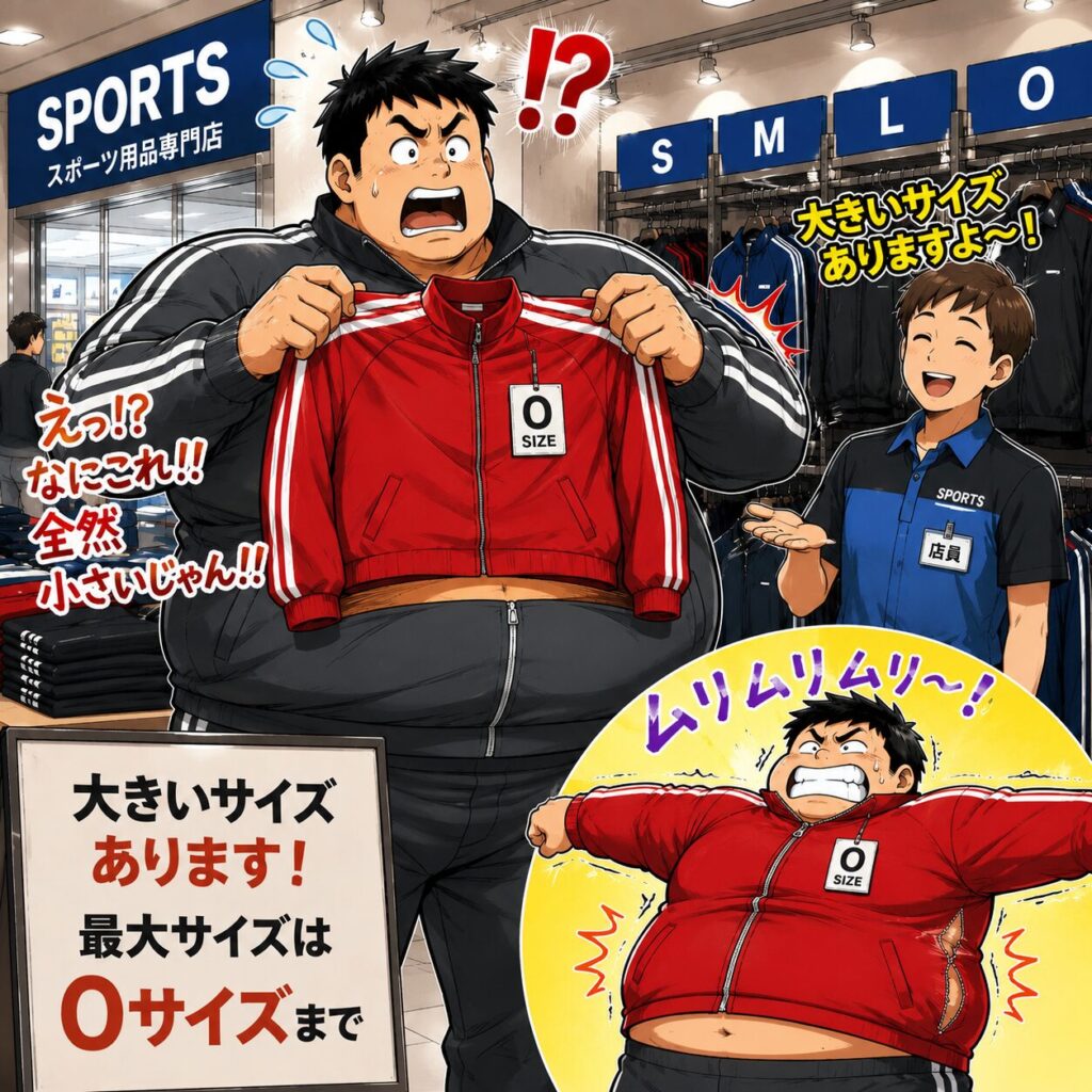 スポーツ用品店で「大きいサイズあります！」という案内を見て喜んだ身長192cm・体重115kgの25歳男性。しかし最大サイズはOサイズまでで、赤いジャージを体に当てると袖も丈もまったく足りず愕然。店員は笑顔で案内する一方、試着したジャージはピチピチになってしまうという、大柄な人なら思わず共感してしまうギャグマンガ風のイラスト。