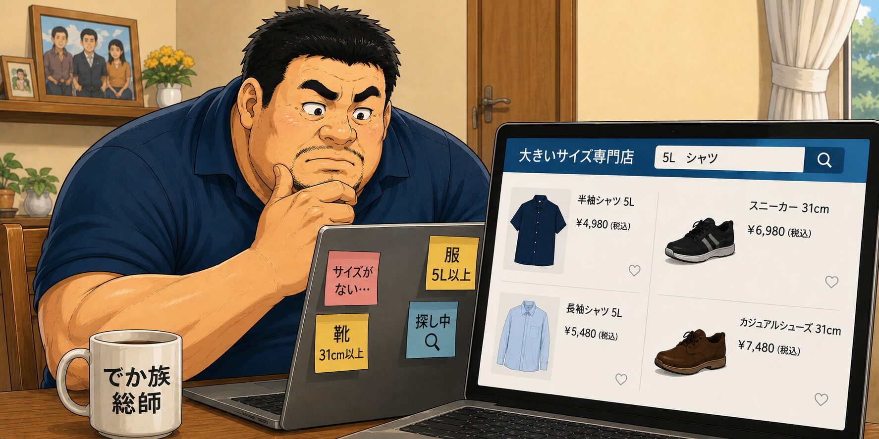 身長192cm・体重115kgの55歳の大柄な男性が、自宅のダイニングテーブルでノートパソコンを使い、大きいサイズ専門店の通販サイトを見ながら服や31cmの靴を探しているイラスト。真剣な表情で画面を見つめ、5Lサイズのシャツや31cmの靴の商品一覧を検索している様子が描かれた、「大きいサイズあるある」を表現した作品。