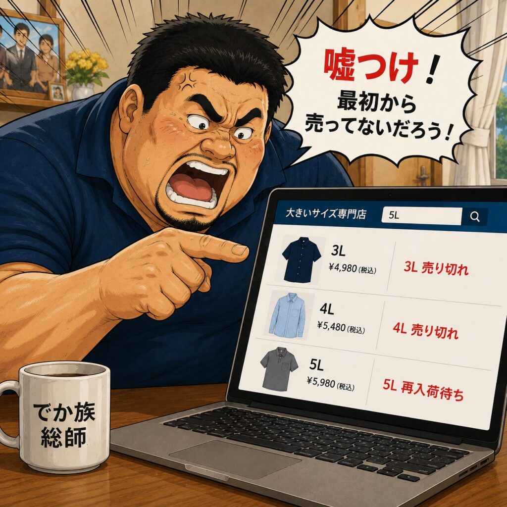 身長192cm・体重115kgの55歳のタッカーズおもリッチ父さんが、自宅でノートパソコンを開き、大きいサイズ専門店の通販サイトを見ているイラスト。サイトには3Lが売り切れ、4Lが売り切れ、5Lが再入荷待ちと表示されており、「最初から売っていなかったのでは?」と画面に向かって怒りながら指を差している様子をコミカルに描いている。