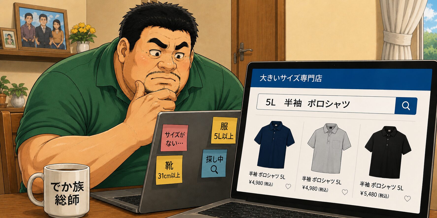 身長192cm・体重115kgの55歳のタッカーズのおもリッチ父さんが、自宅のダイニングテーブルでノートパソコンを開き、「5L 半袖 ポロシャツ」と検索しているイラスト。画面には大きいサイズ専門店の通販サイトが表示され、5Lサイズの半袖ポロシャツを真剣な表情で探している様子を描いた、大きいサイズを探す人ならではのあるあるを表現した作品。