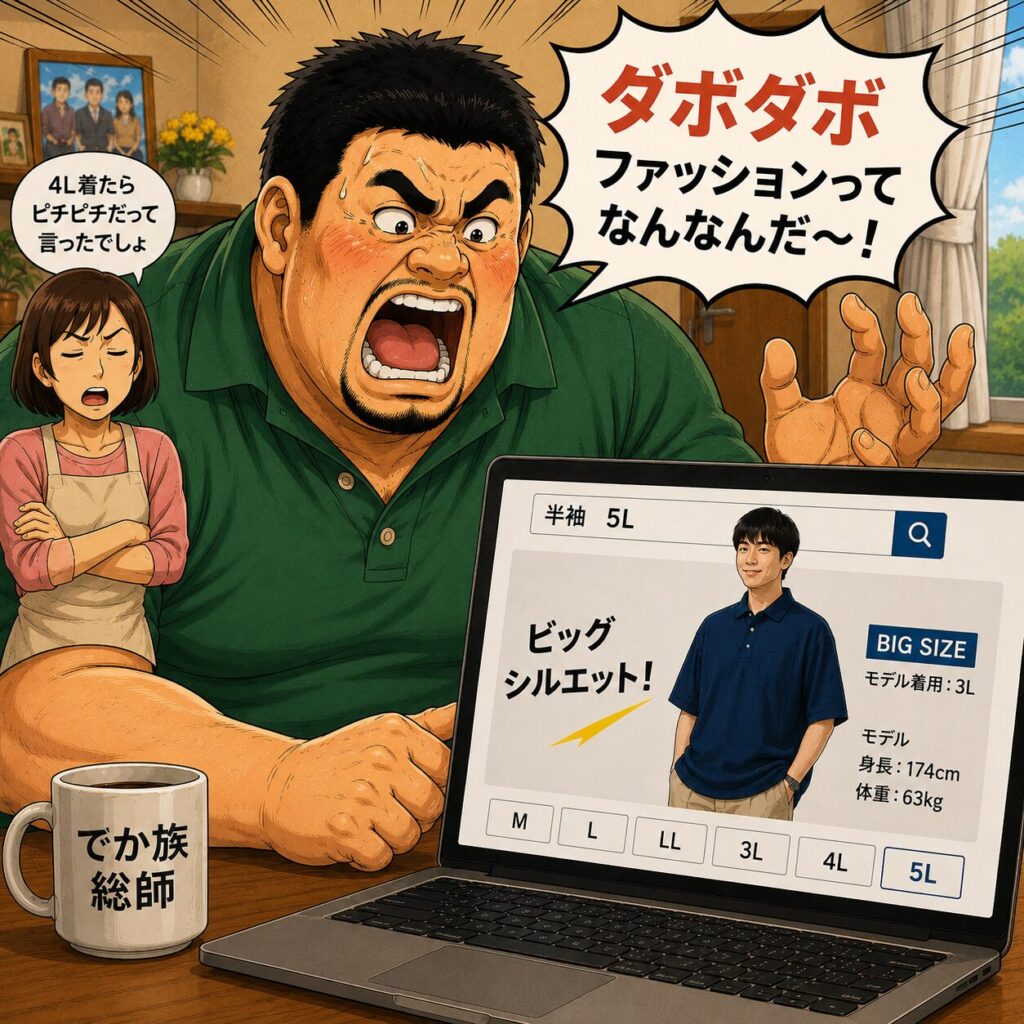 身長192cm・体重115kgのタッカーズのおもリッチ父さんが、自宅でノートパソコンを見ながら大きいサイズの半袖ポロシャツを検索しているコミカルなイラスト。通販サイトには身長174cm・体重63kgのモデルが3Lサイズのポロシャツをゆったり着こなし、「ビッグシルエット！」と紹介されている。一方、お父さんは4Lでもピチピチだったことを思い出し、「ダボダボファッションってなんなんだ～！」と理不尽さに叫んでいる様子が描かれている。