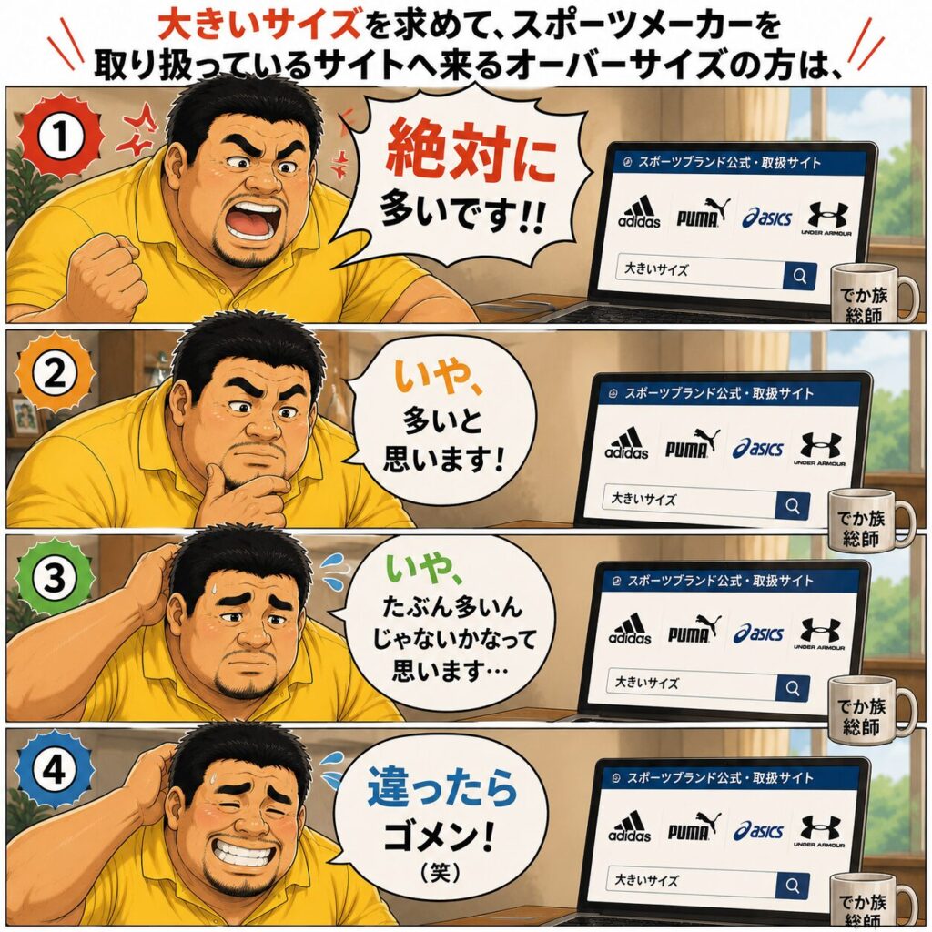 4コマ風のコミカルなイラスト。身長192cm・体重115kgのタッカーズのおもリッチ父さんが、スポーツブランドを取り扱う通販サイトに大きいサイズを探しに来る人は多いと力説する。最初は「絶対に多いです!!」と自信満々だったものの、「多いと思います」「たぶん多いんじゃないかなって思います」と次第に自信がなくなり、最後は引きつった笑顔で「違ったらゴメン！（笑）」と謝る様子をユーモラスに描いている。