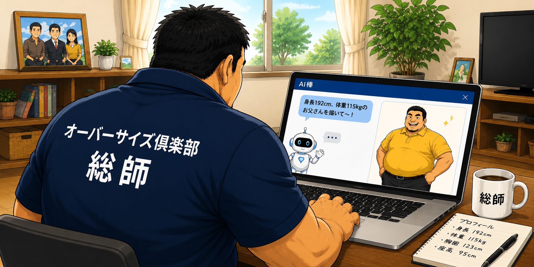 後ろ姿のオーバーサイズ俱楽部総師が、ノートパソコンでAI棒に「身長192cm・体重115kgのお父さんを描いて」と依頼し、AIが恰幅の良いお父さんのイラストを表示している様子。AIがイメージする115kgと実際の総師とのギャップを描いたコミカルなイラスト。