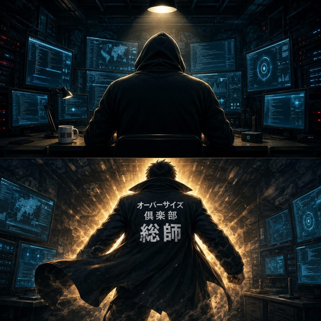 地下深くの秘密基地で、最新鋭のコンピューターに囲まれた謎の男がパソコンに向かい、オーバーサイズ俱楽部総師へと変身する瞬間を描いたイラスト。顔は見えない後ろ姿のまま、黒いコートに「オーバーサイズ俱楽部 総師」の文字を背負い、光に包まれてレアキャラへ覚醒するシーン。