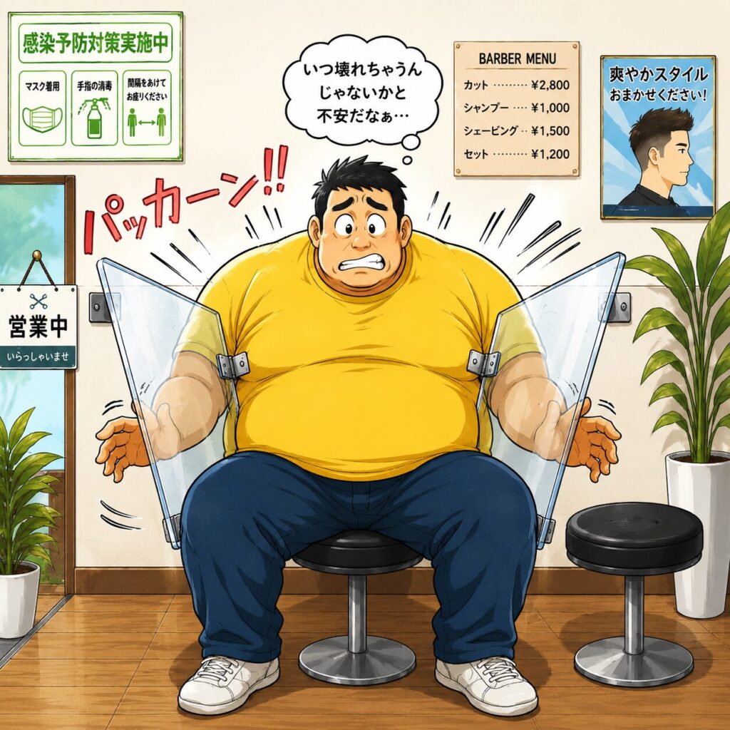 コロナ禍の床屋の待合室で、一人掛けの丸椅子に座った身長192cm・胸囲123cmの逆三角形ハト胸兄さん。左右のアクリル板が体に押され、チューリップの花が開くように外側へ「パッカーン」と大きく開いてしまい、「いつ壊れちゃうんじゃないか」と不安そうな表情を浮かべている、オーバーサイズならではのコミカルなイラスト。