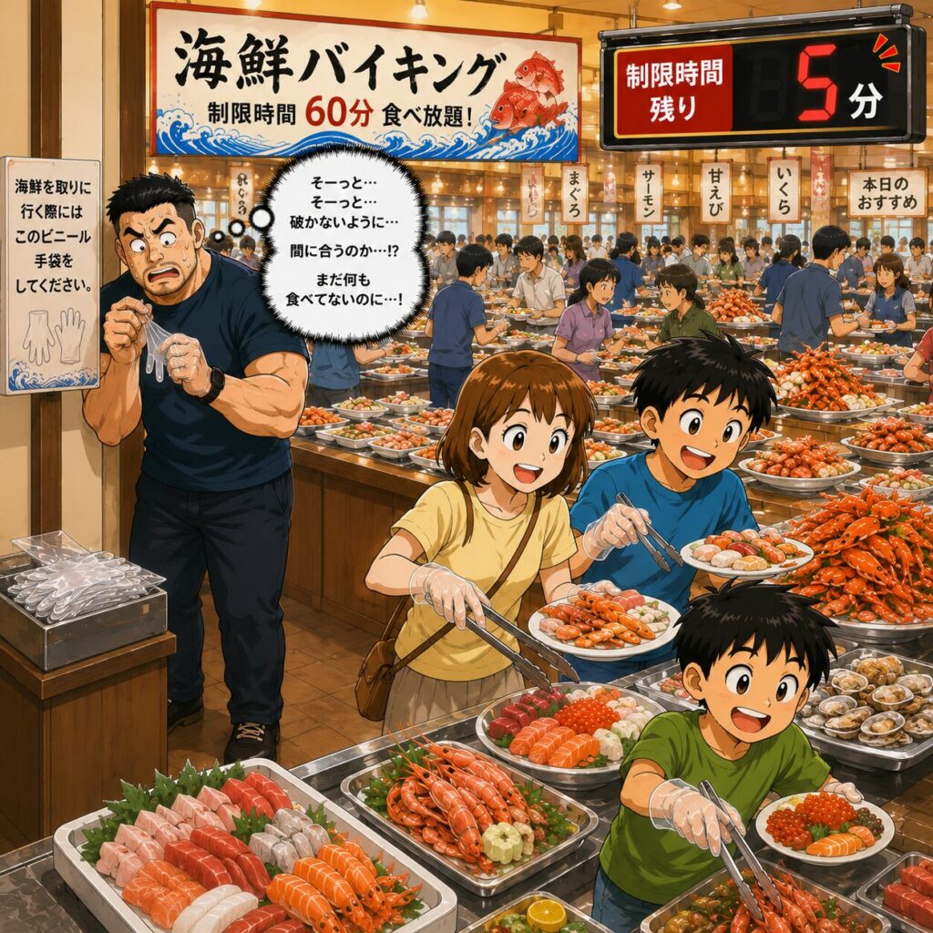 海鮮バイキングの店内で、身長192cm・手が力士より大きいお父さんが、お店の端っこの誰もいない場所で、小さなビニール手袋を破らないよう慎重に少しずつ伸ばしながら手にはめようと苦戦している。額には大粒の汗が流れ、まだ何も食べていないにもかかわらず、店内の大型タイマーには「制限時間 残り5分」と表示されている。一方、身長148cmの妻・チーちゃんと小学6年生の長男、小学4年生の次男は、ビニール手袋を着けて笑顔で海鮮を皿いっぱいに取り分け、食べ放題を満喫している。店内は明るく、多くのお客さんで賑わい、新鮮な刺身やカニ、エビなどの海鮮料理がずらりと並んでいる。