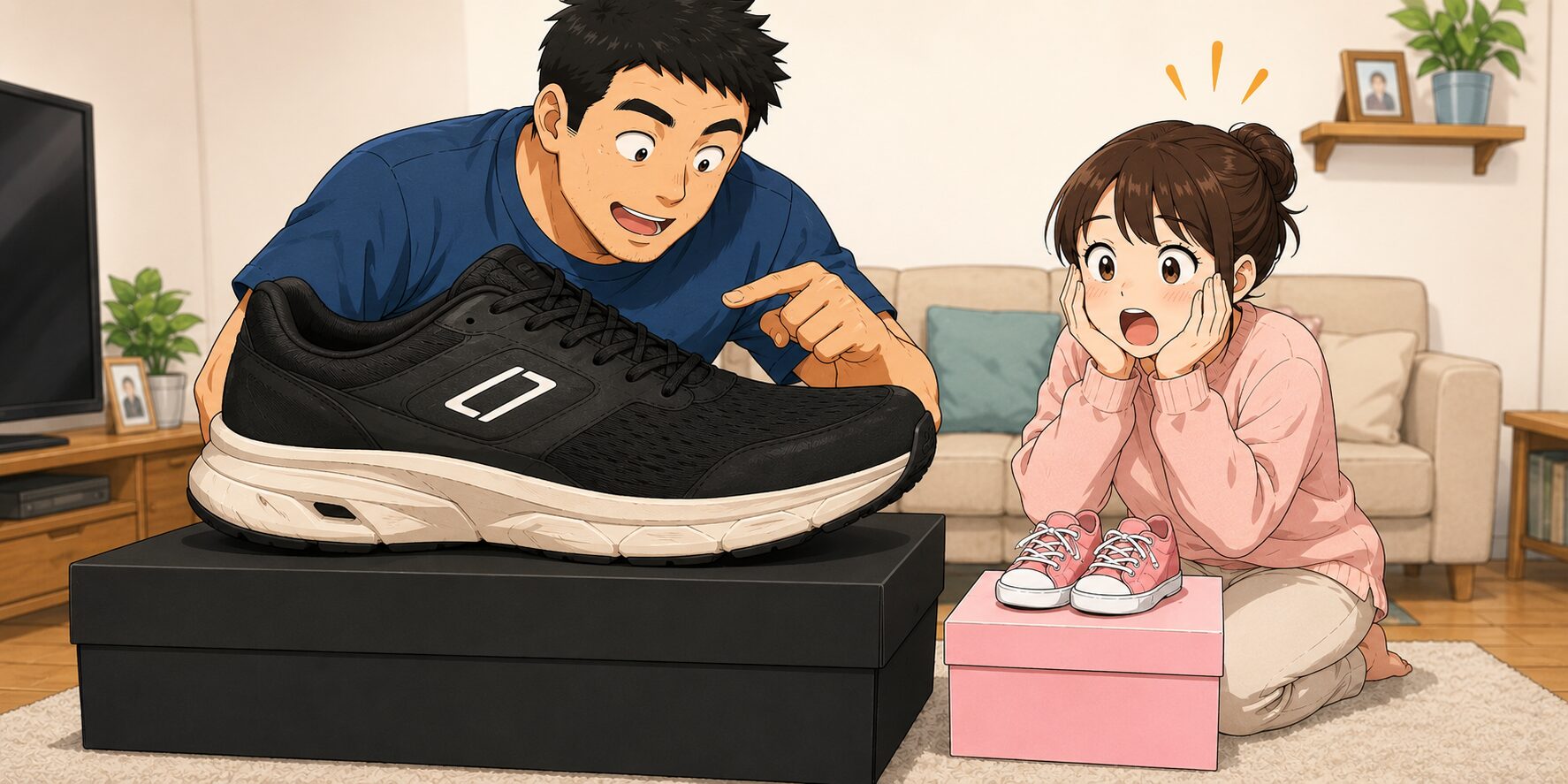身長192cm・足のサイズ32cmの男性の大きなスニーカーと、身長148cm・足のサイズ22cmの女性の靴が入った靴箱を自宅リビングで並べて比較。女性があまりの大きさの違いに驚いているコミカルなイラスト。