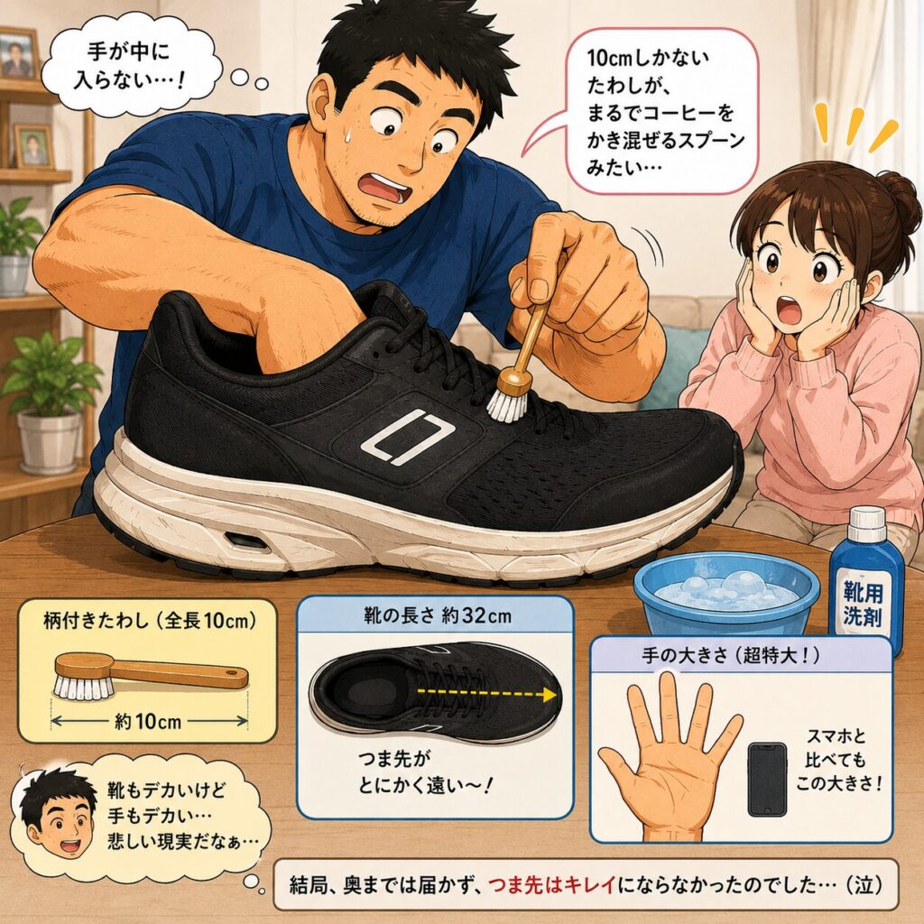 身長192cm・足のサイズ32cmの男性が、大きなスニーカーを10cmほどの柄付きたわしで洗おうとするが、手が大きく靴の中に入らず、たわしも短すぎてつま先まで届かず困っている。隣では身長148cmの妻が、その大きさの違いに驚いて見ているコミカルなイラスト。