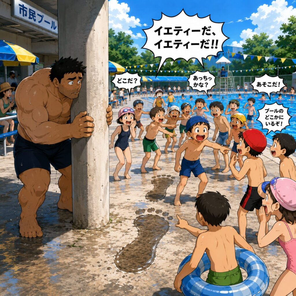 夏の市民プールで、31cmの大きな濡れた足跡を見つけた子どもたちが「イエティーだ!」と大騒ぎしながら友達を集め、足跡の持ち主を探してプール中を見回している。一方、身長192cm・足のサイズ31cmのガッチリした男性は、自分の足跡だと気付かれないよう柱の陰に身を隠し、子どもたちの様子をこっそりうかがっているコミカルなイラスト。