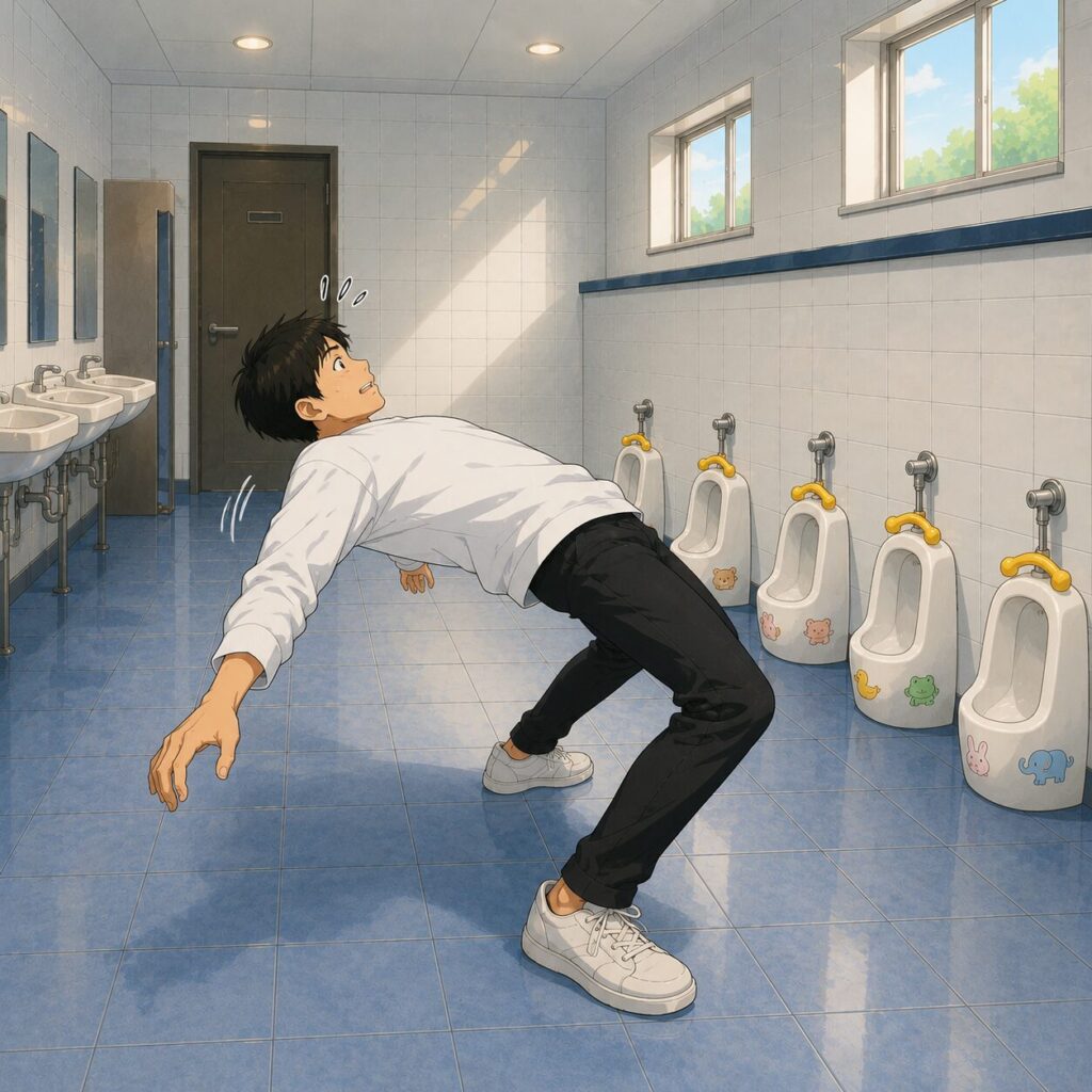 身長192cmの細身で足の長い20歳の男性が、男子トイレの小便器が並ぶ通路で、バーのないリンボーダンスのように大きく体を反らせて遊んでいるコミカルなイラスト。広いトイレの空間を活かし、まるで見えないバーをくぐっているようなポーズを決めているユーモラスな場面。