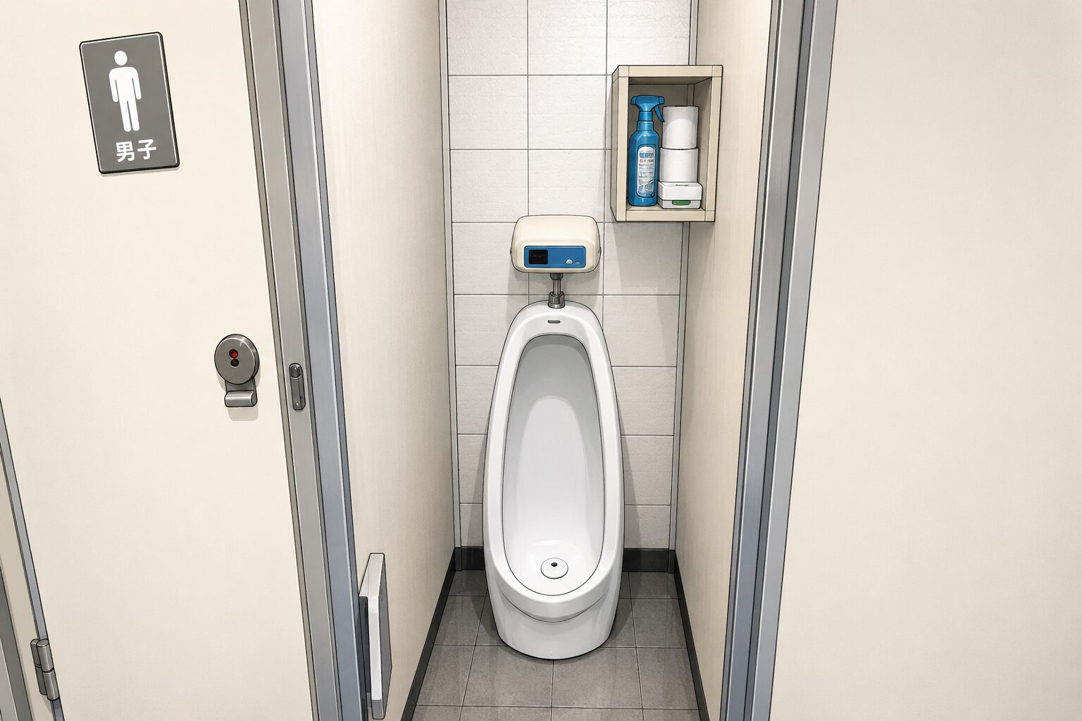 ビルにある幅の非常に狭い男子トイレの小便器を正面から見たイラスト。正面の壁には小便器が設置され、その右上、床から約175cmの位置には奥行40cm・幅30cmの収納棚が張り出している。収納棚にはトイレットペーパーや清掃用品が入っており、体格の大きな人や高身長の人は肩や腕がぶつかりやすそうな構造になっている様子を表現している。