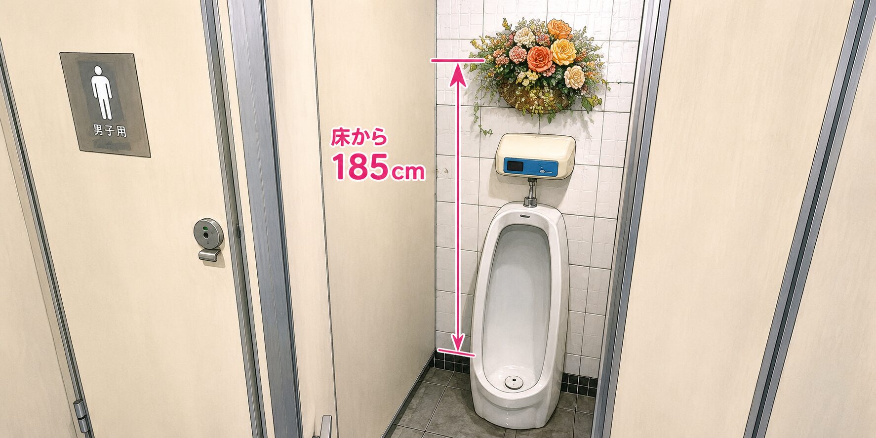 幅が非常に狭い男子トイレの小便器を正面から見たイラスト。小便器が設置された壁には、床から約185cmの高さに立体的な花束の飾りが大きく張り出している。高身長の人にはちょうど顔の位置に花飾りがくるような配置で、オーバーサイズ俱楽部ならではの「高身長あるある」を表現したコミカルな一枚