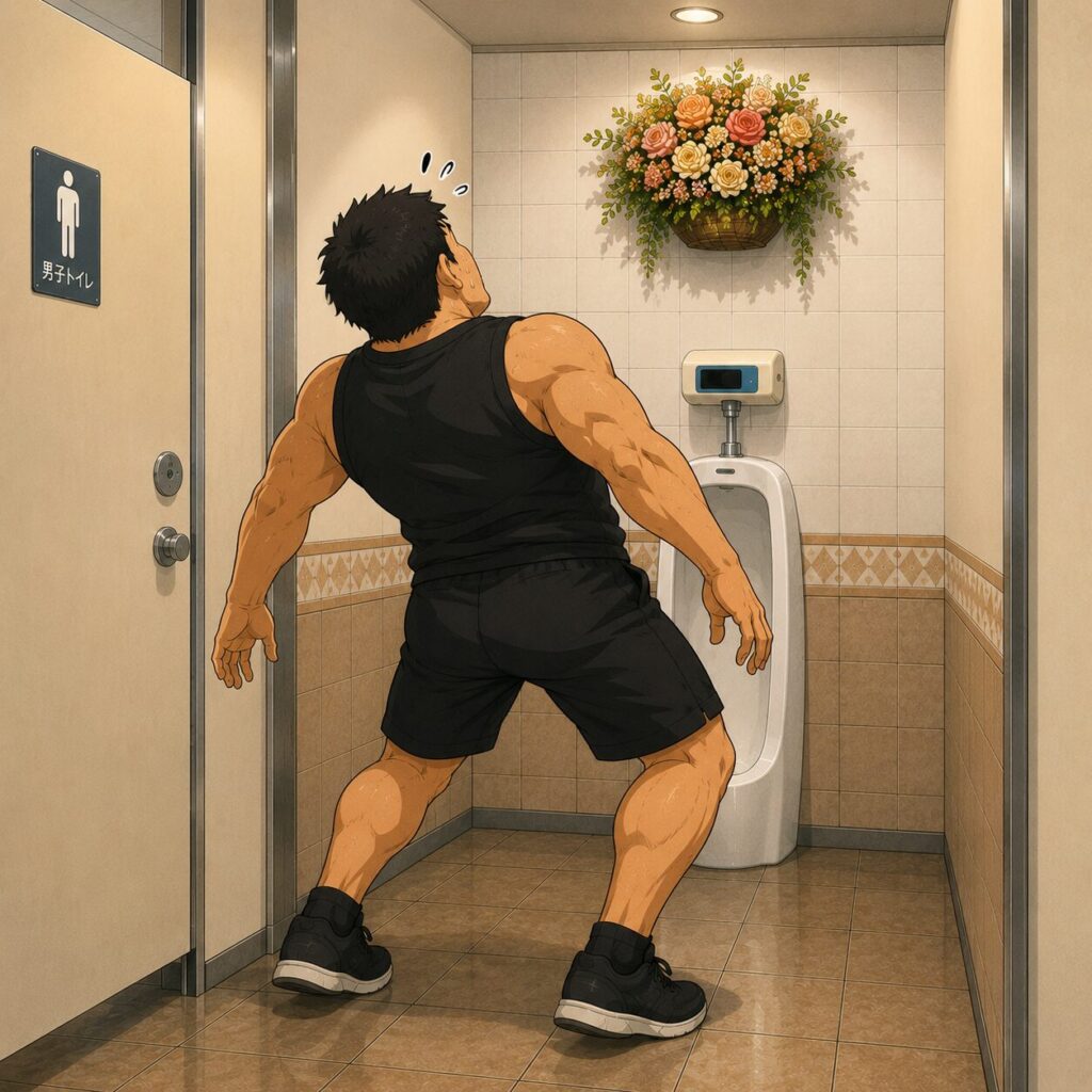 身長192cm・胸囲123cmの体格が大きな男性を後ろから見たイラスト。男子トイレの小便器の正面壁には、ちょうど顔の高さに立体的な花飾りが取り付けられており、顔に当たらないよう大きくエビぞりになって用を足そうとしている。高身長だからこそ起こる、思わず笑ってしまう「オーバーサイズ俱楽部あるある」を表現したコミカルな一枚。