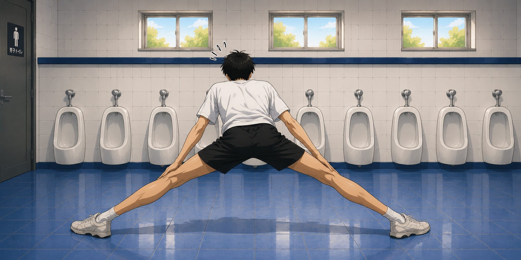 横一列に並んだ男子トイレの小便器の前で、身長192cm・足がとても長い若い男性を後ろから描いたイラスト。低い位置にある小便器に合わせるため、両足を大きく開いて柔軟運動をしているような姿勢になっており、高身長ならではの「あるある」をコミカルに表現している。