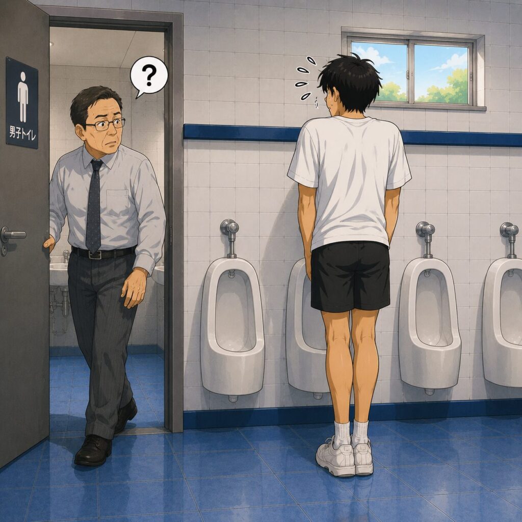 身長192cmで足の長い若い男性が、男子トイレの小便器前で大股を開いて柔軟運動のような姿勢をしていたところ、年配の男性がトイレに入ってきたため、慌てて両足を閉じて規律の姿勢で直立しているコミカルなイラスト。入口のおじさんは「この人、何してるんだ?」という不思議そうな表情で若者を見つめており、高身長ならではの「あるある」をユーモラスに表現している。