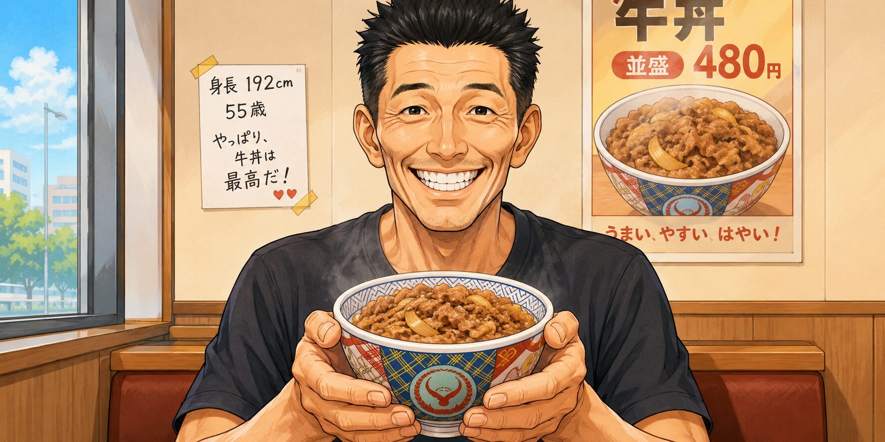 病気で頬が少しこけた身長192cm・55歳のお父さんが、牛丼の並盛を両手で大切そうに持ち、満面の笑顔で記念写真を撮っているイラスト。久しぶりに大好きな牛丼を食べられる喜びが伝わる、心温まるワンシーン。