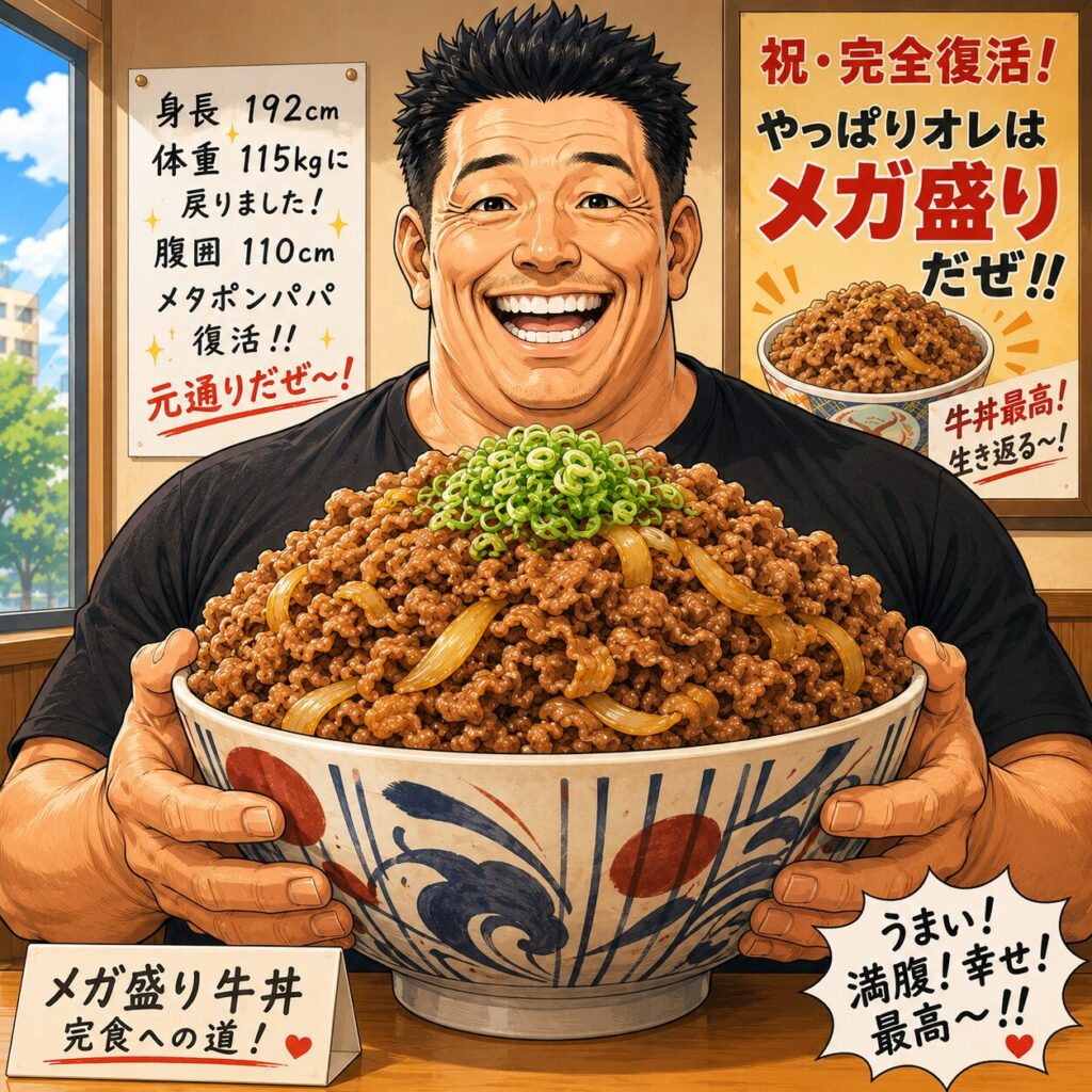 病気から回復し、以前の体格に戻った身長192cm・55歳のお父さんが、腹囲110cm・体重115kgの元気な姿で、山盛りのメガ盛り牛丼を両手で抱えながら満面の笑顔で記念撮影をしているイラスト。大好きな牛丼を再び思い切り楽しめるようになった喜びと、健康を取り戻した幸せが伝わる一枚。
