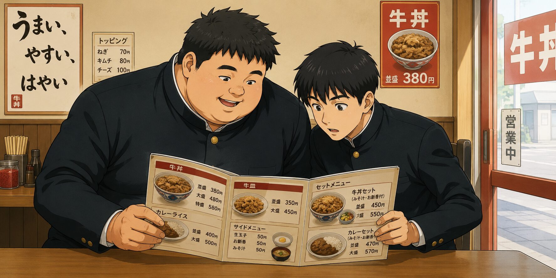 学ラン姿の身長192cmの大柄な高校生と身長170cmの細身の友人が、牛丼店でメニューを真剣に見比べている様子。友人は安く食べられるメニューを探し、大柄な高校生は大盛りを選ぼうとしている、40年ほど前の青春を描いたイラスト。