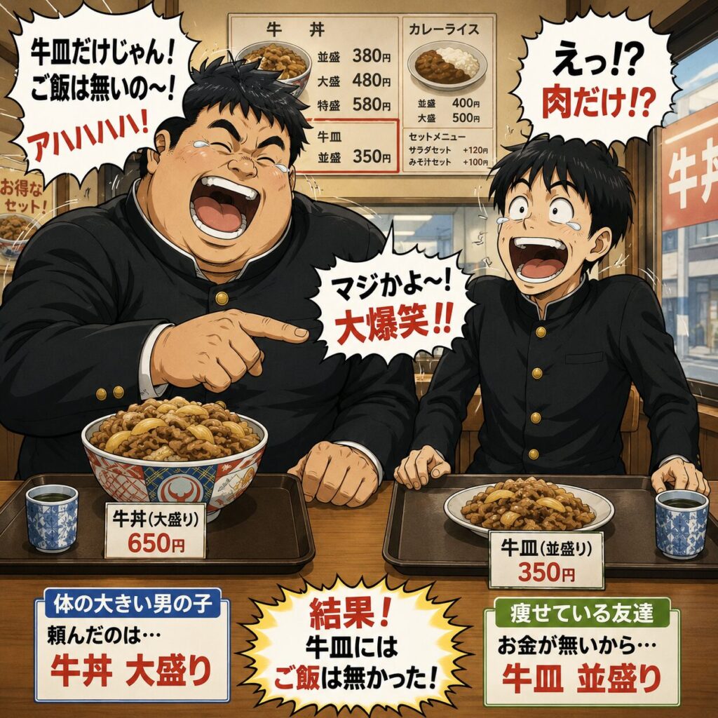 昭和時代の牛丼店で、学ラン姿の身長192cmの大柄な高校生が牛丼大盛りを、身長170cmの細身の友人が牛皿並盛りを注文。牛皿にはご飯が付いていないことを知り、二人で大笑いしているコミカルなイラスト。