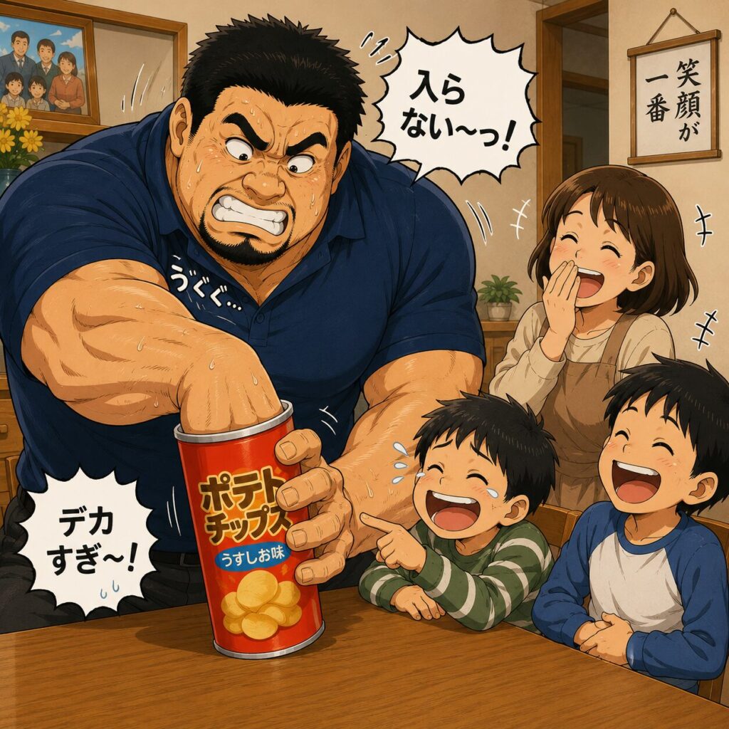 身長192cmで手がとても大きいパーたん父さんが、筒型ポテトチップスを食べようと手を入れるものの、大きすぎて筒に入らず必死に悪戦苦闘している。身長148cmのチーちゃんと小学3年生、小学1年生の息子たちは、その様子を見て大笑いしている、オーバーサイズ俱楽部らしいコミカルな家族のワンシーン。