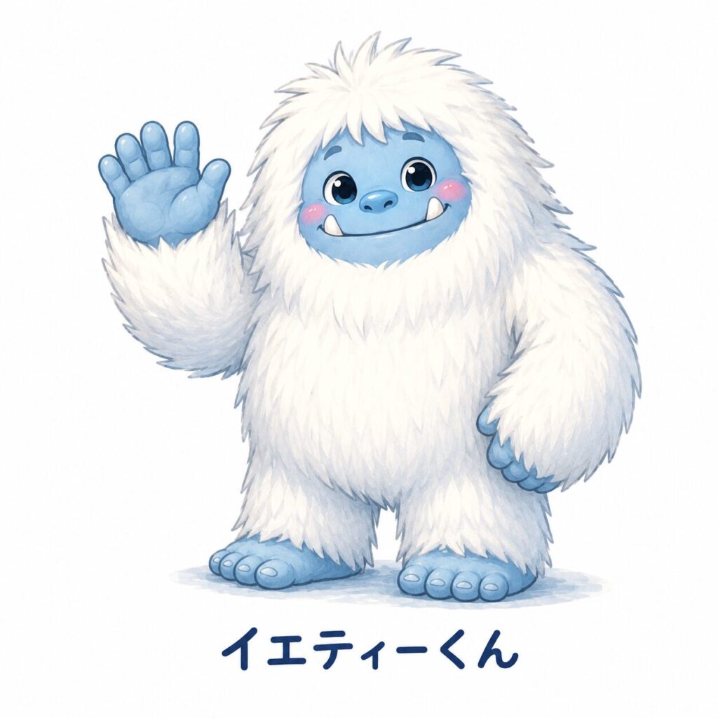 白くふわふわした毛並みと青い顔が特徴の、笑顔で手を振る可愛らしいイエティのキャラクター「イエティーくん」。小さな牙と丸い瞳が愛らしく、親しみやすい表情で立っている300×300ピクセルのマスコットイラスト。