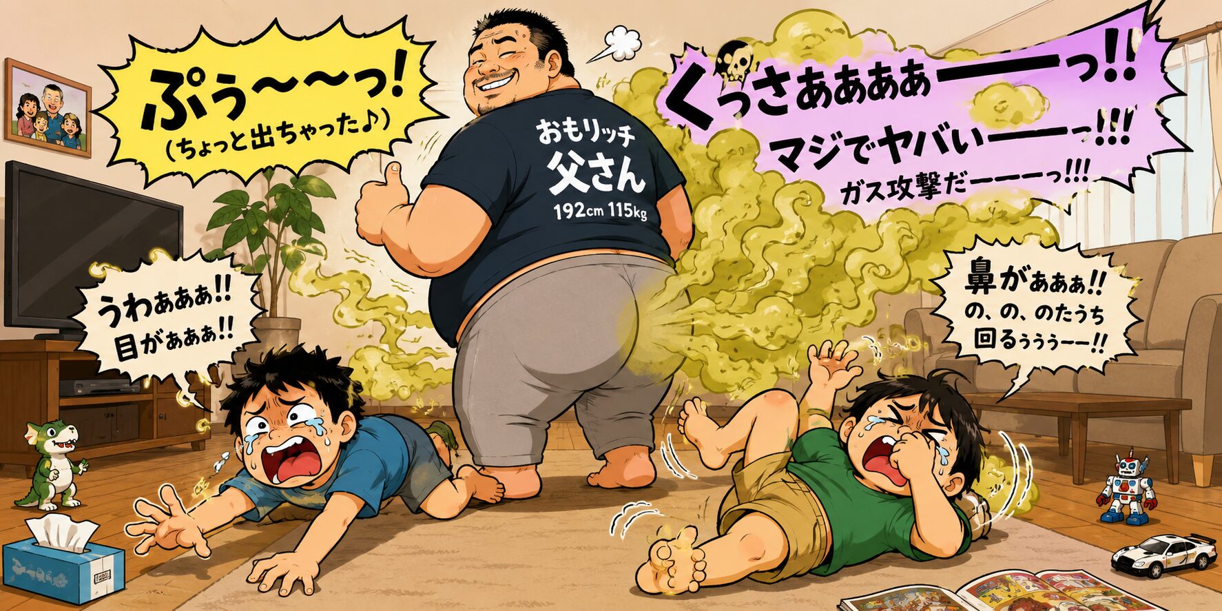 「おもリッチ父さんのおならがリビング中に広がり、小学4年生と小学2年生の兄弟が『くさーい！』と叫びながら床をのたうち回る様子をユーモラスに描いたイラスト。父さんだけは満足そうな表情を浮かべている。」