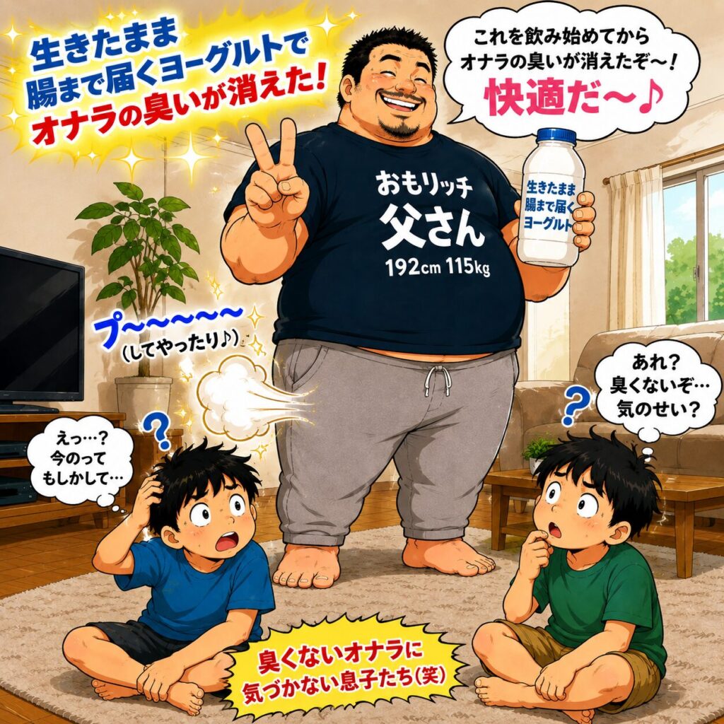 「身長192cm・体重115kgのおもリッチ父さんが『生きたまま腸まで届くヨーグルト』を飲み始め、リビングでおならをしても臭いがなくなり、小学4年生と小学2年生の息子たちが『今のって、おなら？』『臭くないぞ…』と首をかしげる様子をコミカルに描いたイラスト。父さんはヨーグルトを手にピースサインをしながら満足そうに笑っている。」