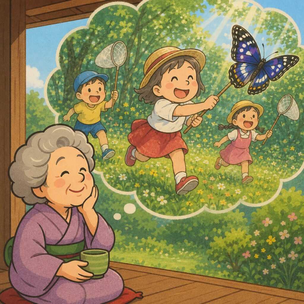縁側でお茶を飲みながら微笑むおばあちゃんが、子どもの頃の夏を懐かしく思い出しているイラスト。思い出の中では、虫網を持った子どもたちが太陽の光が差し込む森で、美しい青紫色のオオムラサキを夢中で追いかけ、笑顔いっぱいに遊んでいる。懐かしい夏休みの思い出が温かく描かれた一枚。