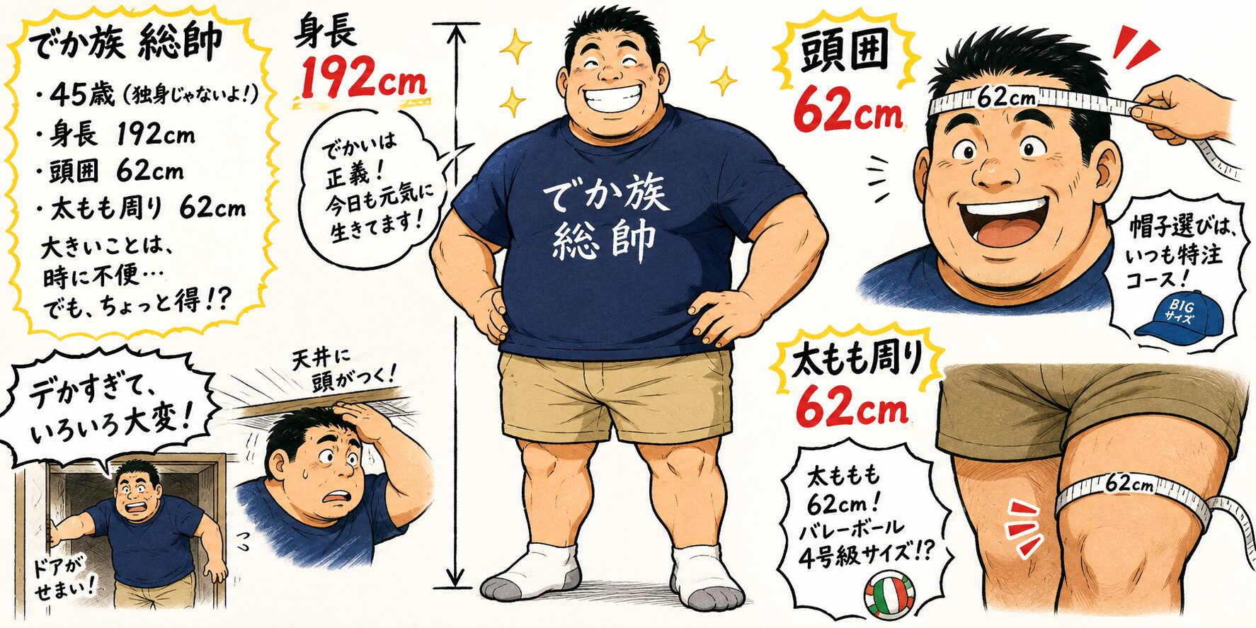 身長192cm、頭囲62cm、太もも周り62cmの45歳男性をギャグ漫画風に描いたイラスト。全身と頭囲・太もものサイズ比較、低い天井や狭いドアで苦労する様子をコミカルに紹介したプロフィール風デザイン。