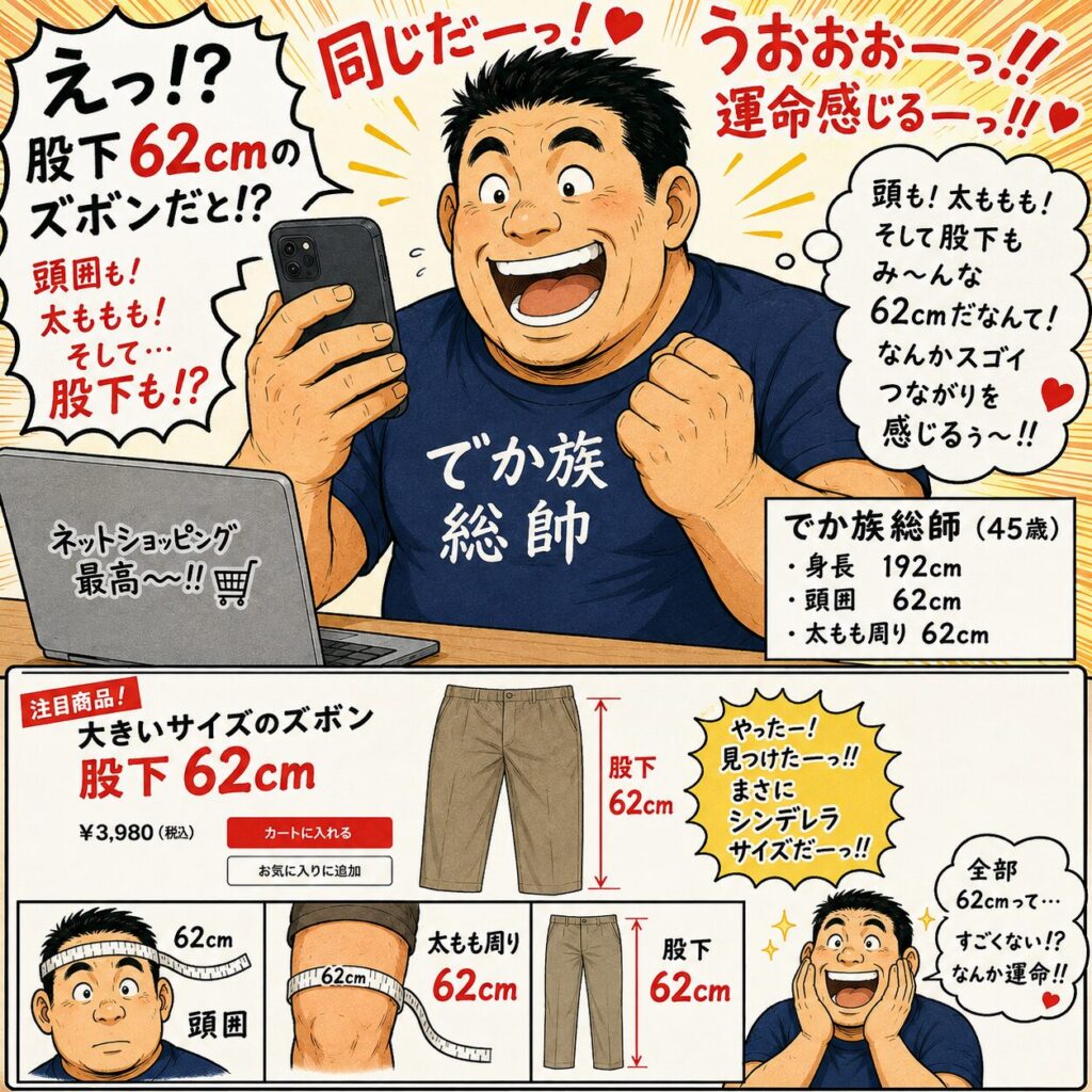身長192cm、頭囲62cm、太もも周り62cmの45歳男性をギャグ漫画風に描いたイラスト。全身と頭囲・太もものサイズ比較、低い天井や狭いドアで苦労する様子をコミカルに紹介したプロフィール風デザイン。