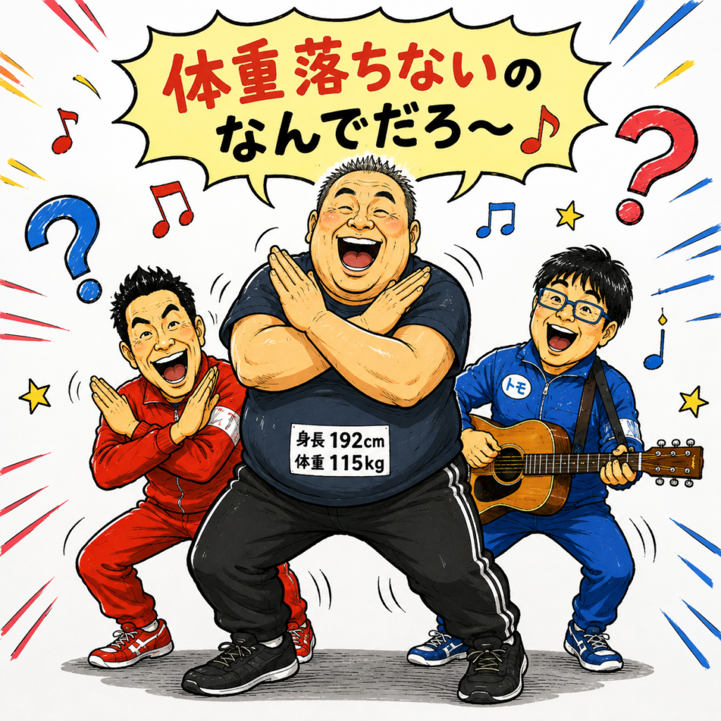 身長192cm・体重115kgの大きな体のお父さんが、赤と青の衣装を着た音楽コンビと一緒に「なんでだろう」のポーズを取り、「体重落ちないのなんでだろ~♪」と歌っているコミカルなイラスト。