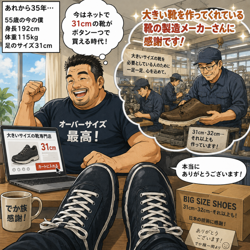 身長192cm、体重115kg、足のサイズ31cmになった55歳の男性が、ネットで31cmの靴を簡単に購入できる時代になったことを喜び、大きいサイズの靴を作り続けている製造メーカーや職人さんに感謝しているイラスト。