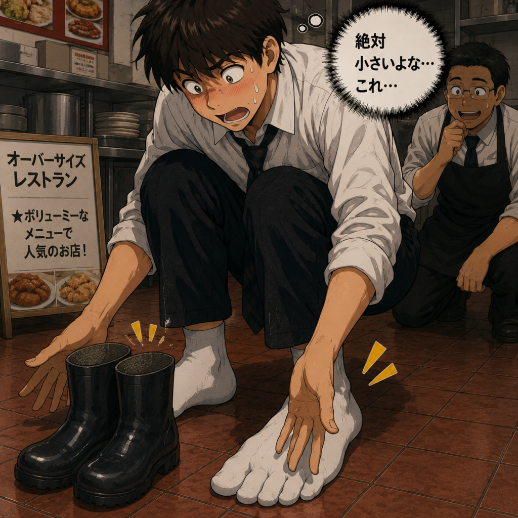 「ファミリーレストランのキッチンで、男子高校生が靴を脱ぎ、靴下を履いた大きな足とアルバイト指定の長靴を並べて比べている様子。長靴は足より明らかに小さく、『絶対小さいよな…これ…』と入るはずがないと思いながら焦っている。」