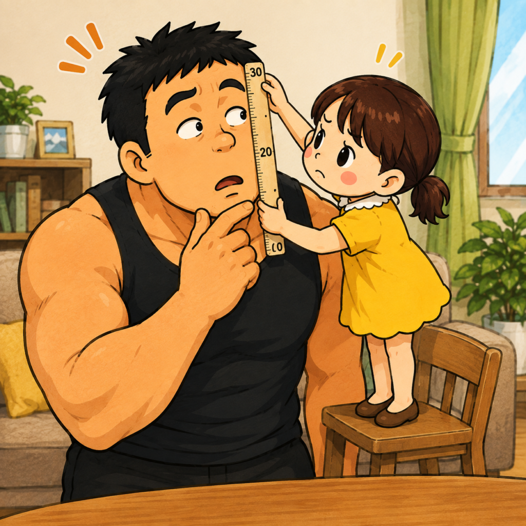 小柄なチーちゃんが椅子の上に立ち、30cm物差しを使って大柄な夫の顔の長さを測っているイラスト