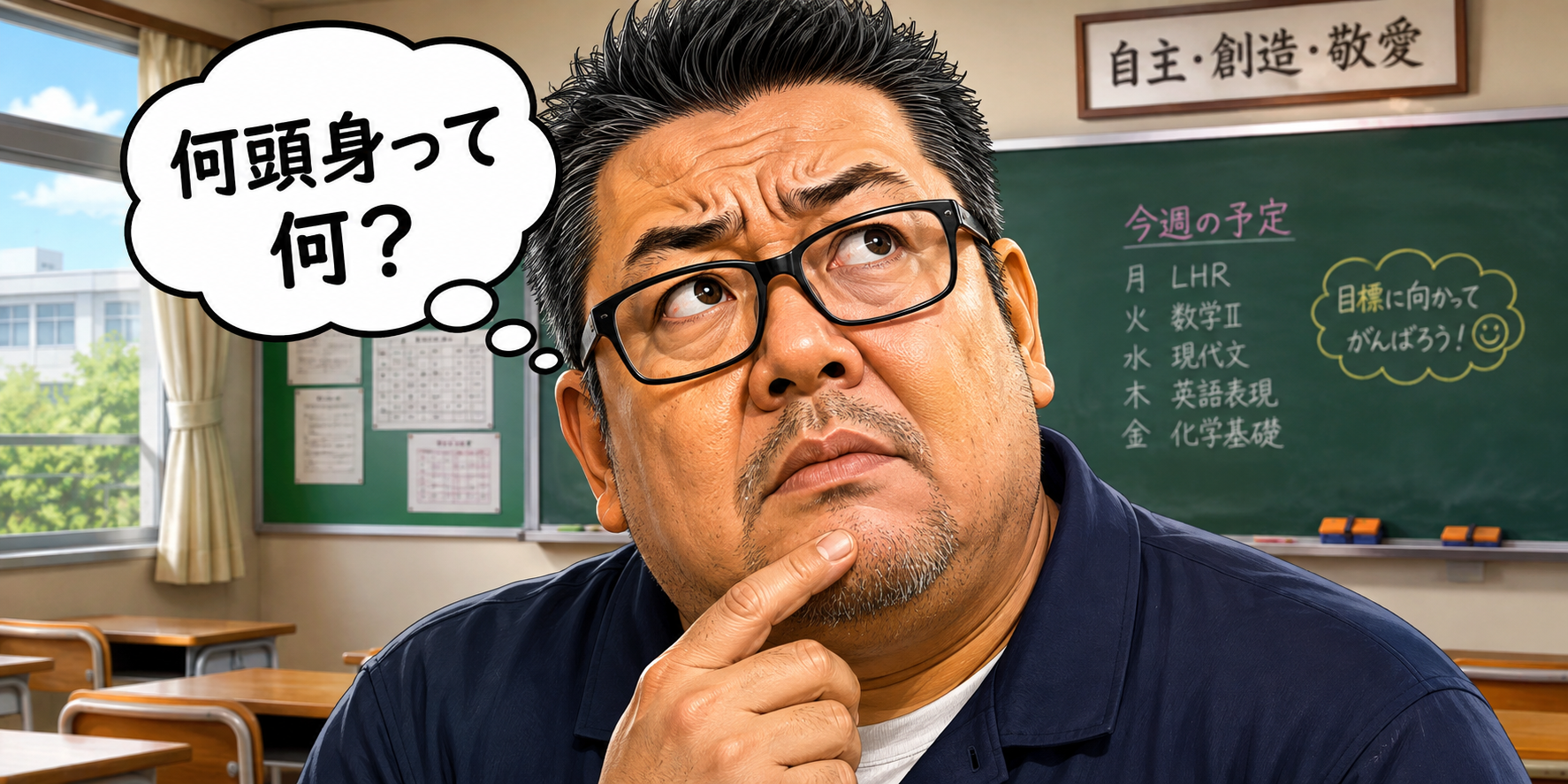 「高校の教室で、顔の長さ35cmの55歳のお父さんがアップで描かれ、『何頭身って何？』と不思議そうに考えているイラスト。」