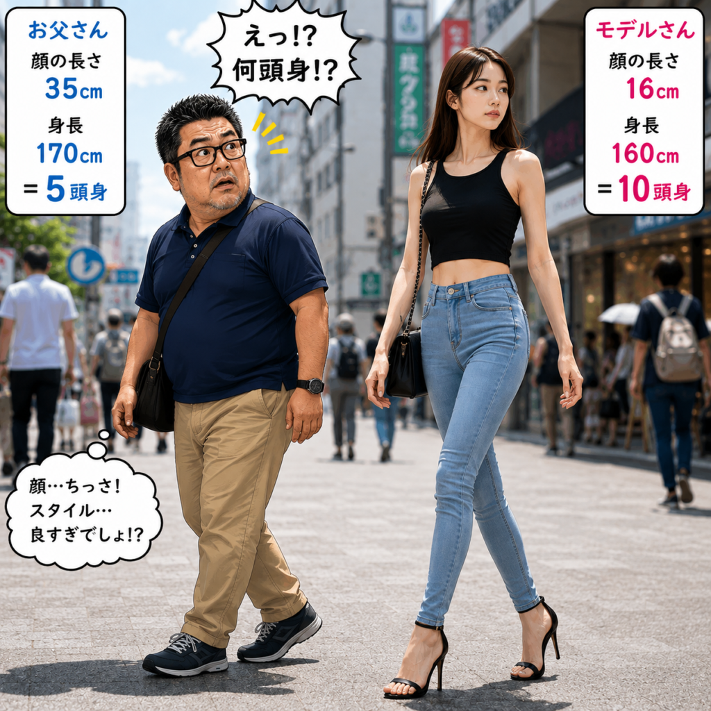 「街中で、顔の長さ35cm・身長170cmの5頭身のお父さんが、顔の長さ16cm・身長160cmの10頭身モデルさんとすれ違い、あまりのスタイルの違いに驚いて二度見しているイラスト。」
