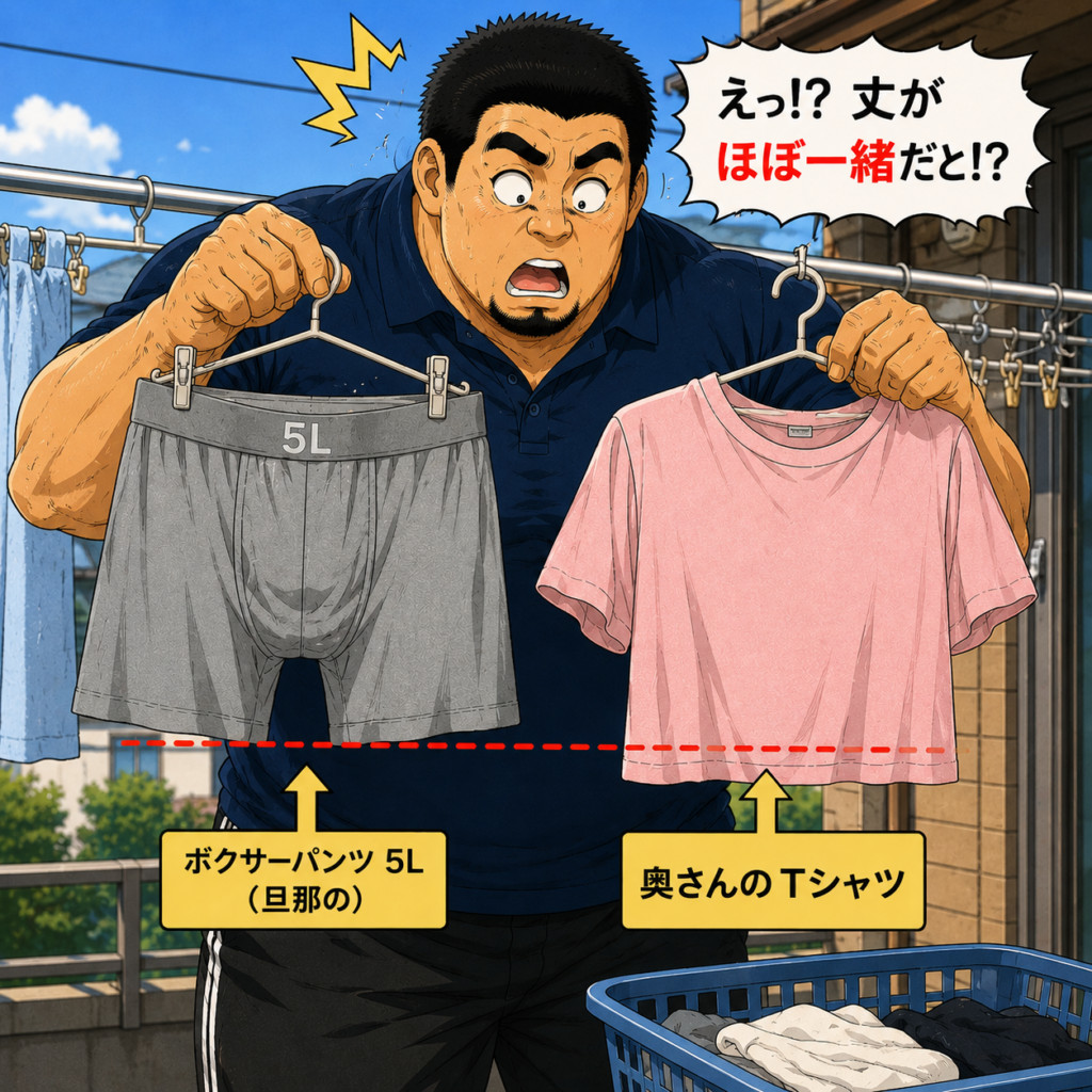 身長192cmの旦那が洗濯物を干している最中、自分の5Lサイズの灰色のボクサーパンツと、小柄な奥さんのピンク色のTシャツの丈がほぼ同じことに気づき、驚いて見比べている様子。