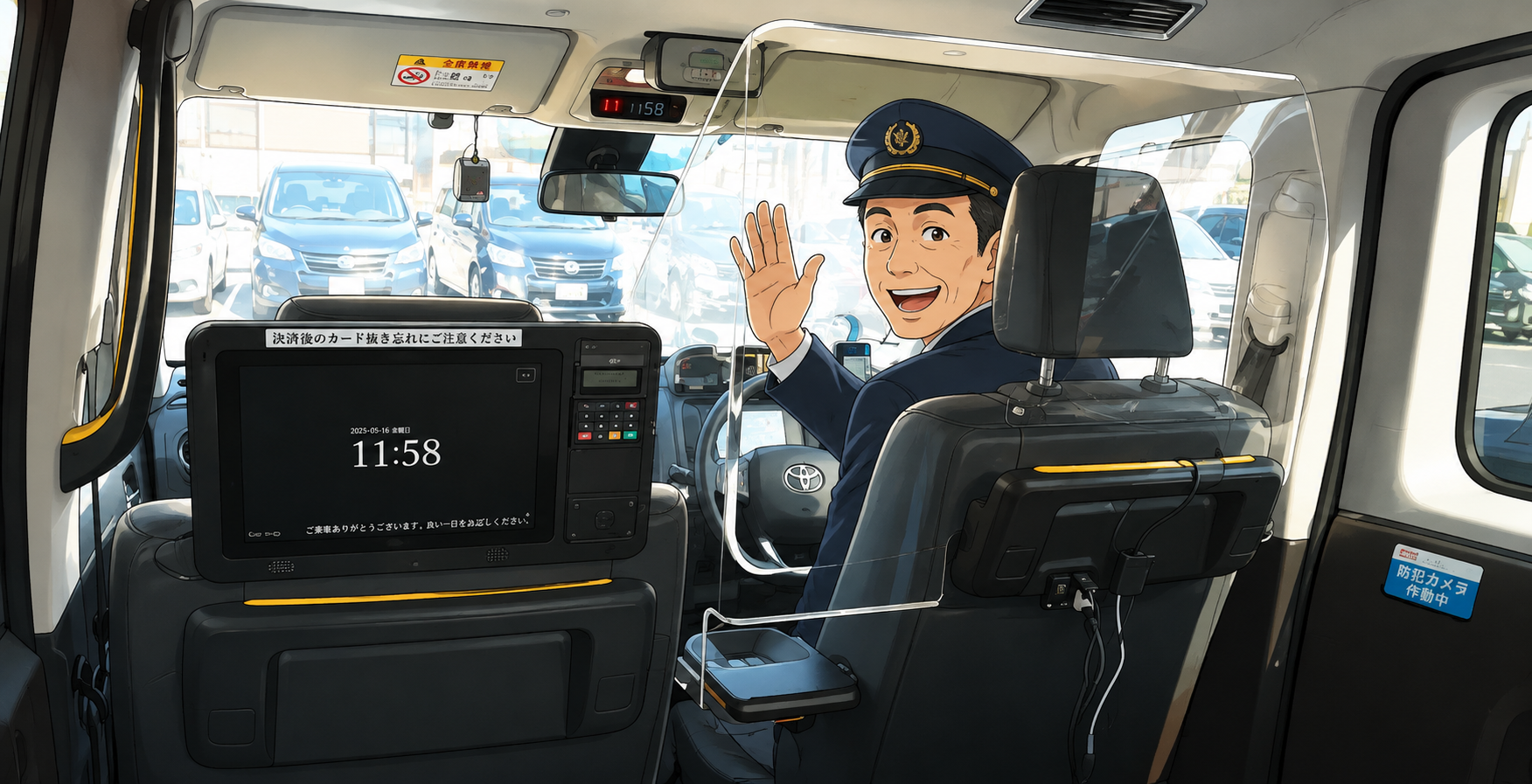 タクシーの後部座席から見た車内で、運転席の運転手さんが後ろを振り返り、笑顔で挨拶している様子