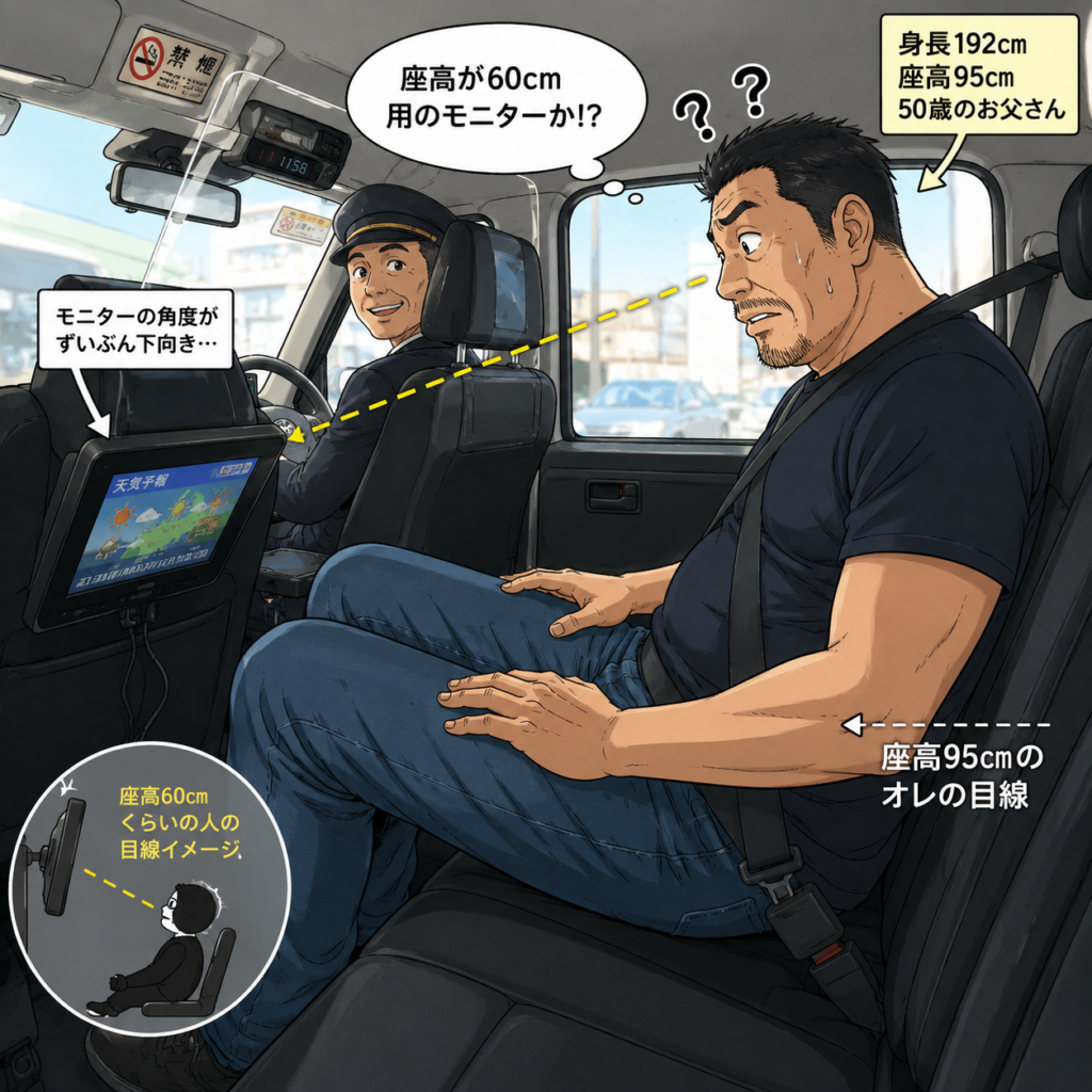 身長192cm・座高95cmのお父さんがタクシーの後部座席に座り、低い位置に向いたモニターを見て「座高60cm用なの？」と困惑している様子
